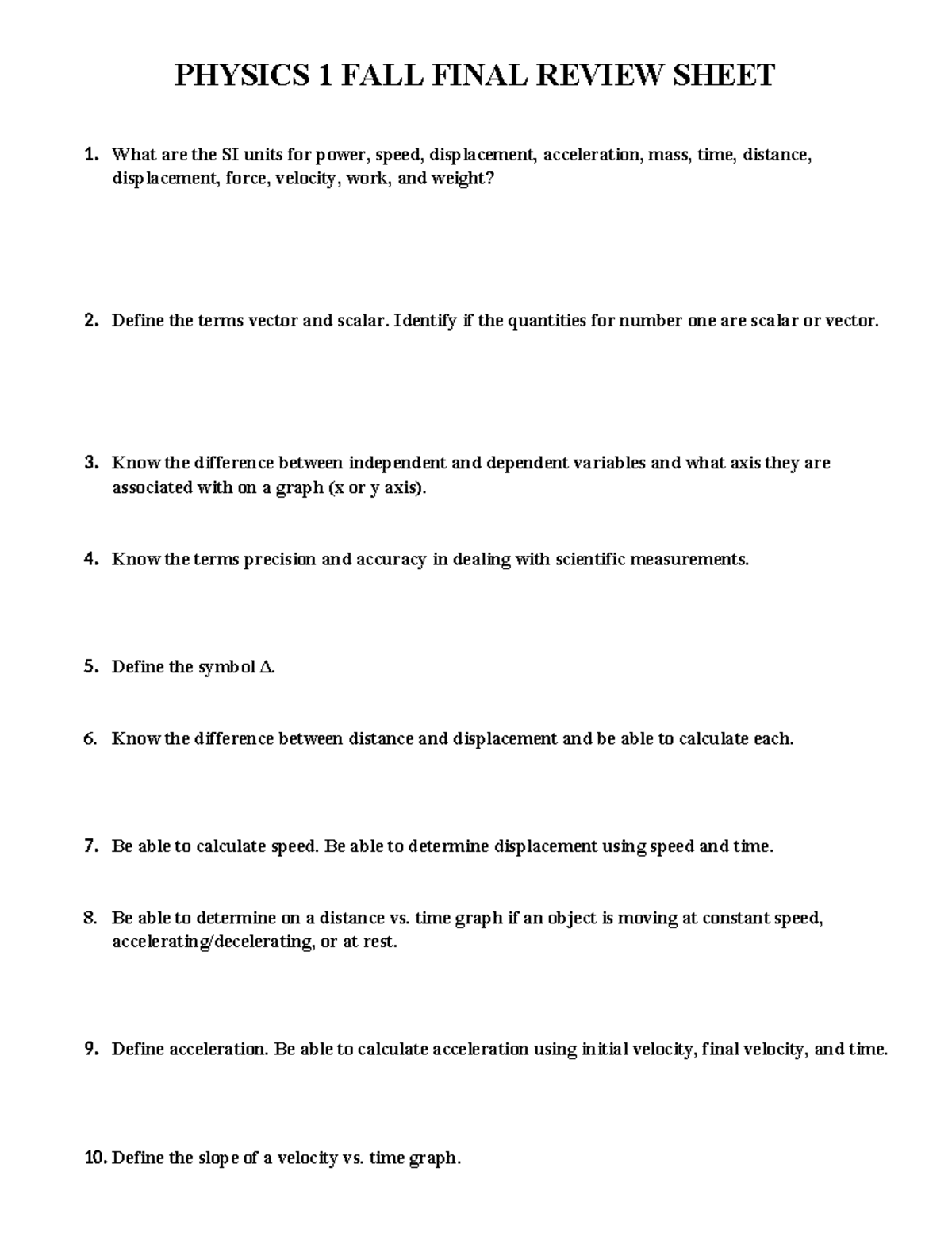 PHYSICS 1 FALL FINAL REVIEW SHEET: Key Concepts & Formulas - Studocu