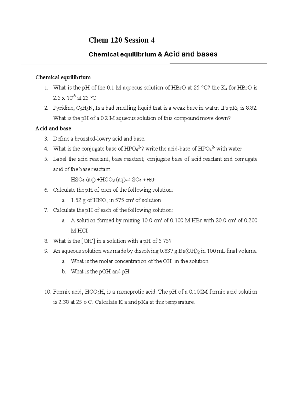 Chem 120 Session 4: Chemical Equilibrium & Acid-Base Calculations - Studocu