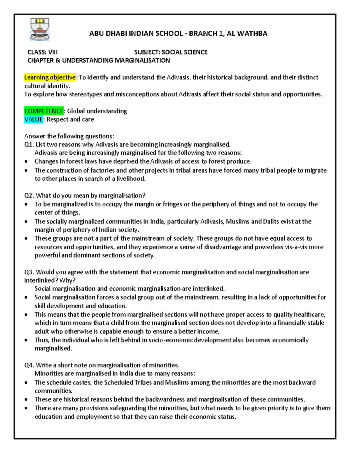 Gr 8 Understanding Marginalisation notes - ABU DHABI INDIAN SCHOOL ...