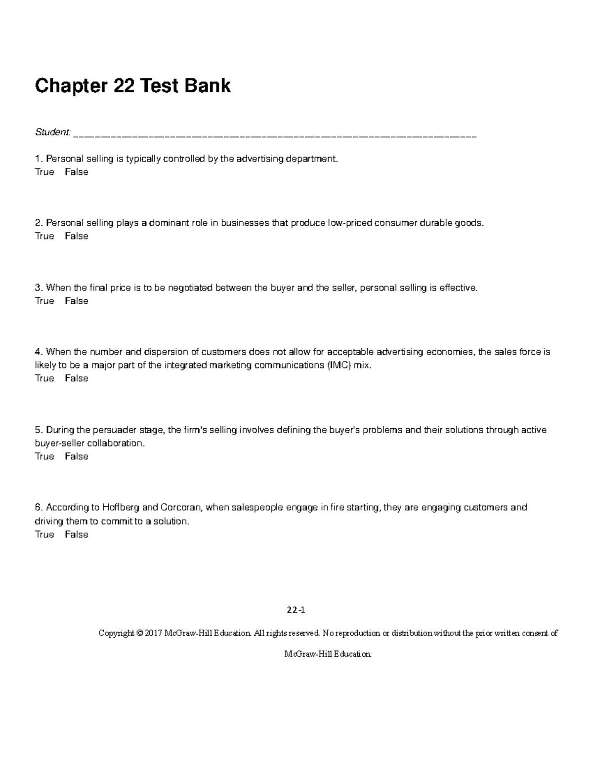 Chapter 22 Test Bank: Key Concepts and Questions on Personal Selling ...