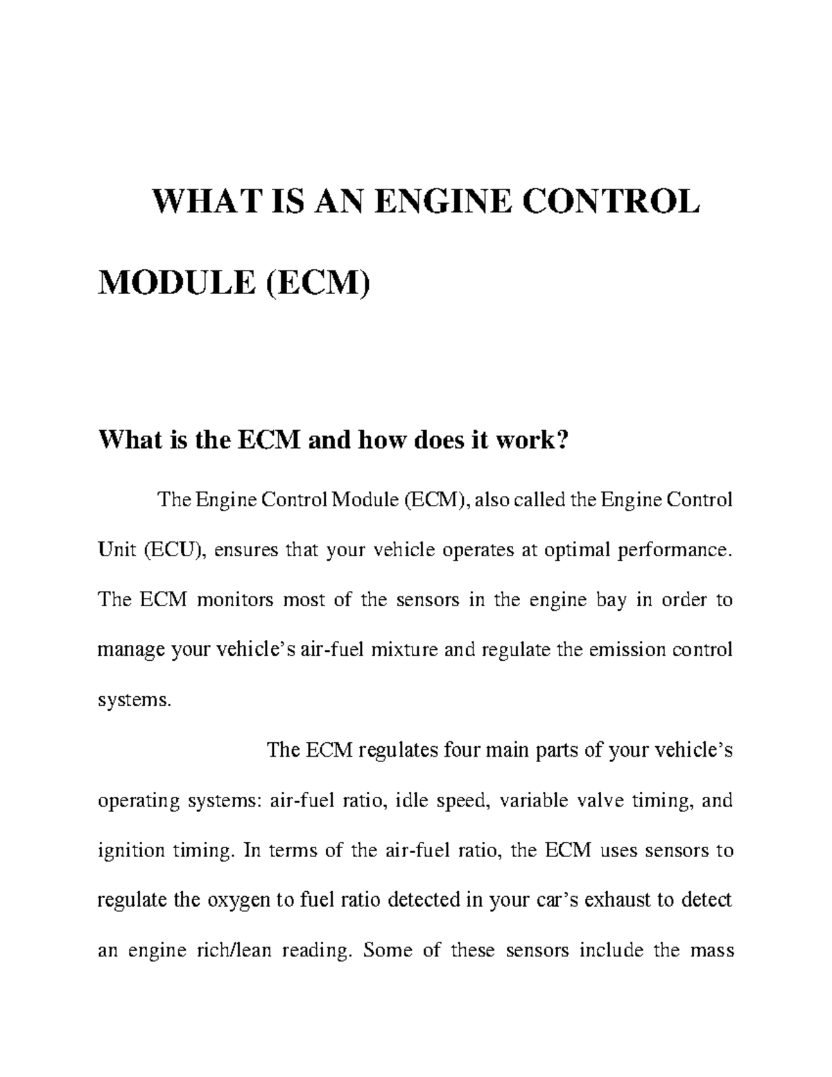 Understanding the Engine Control Module (ECM) and Its Functions - Studocu
