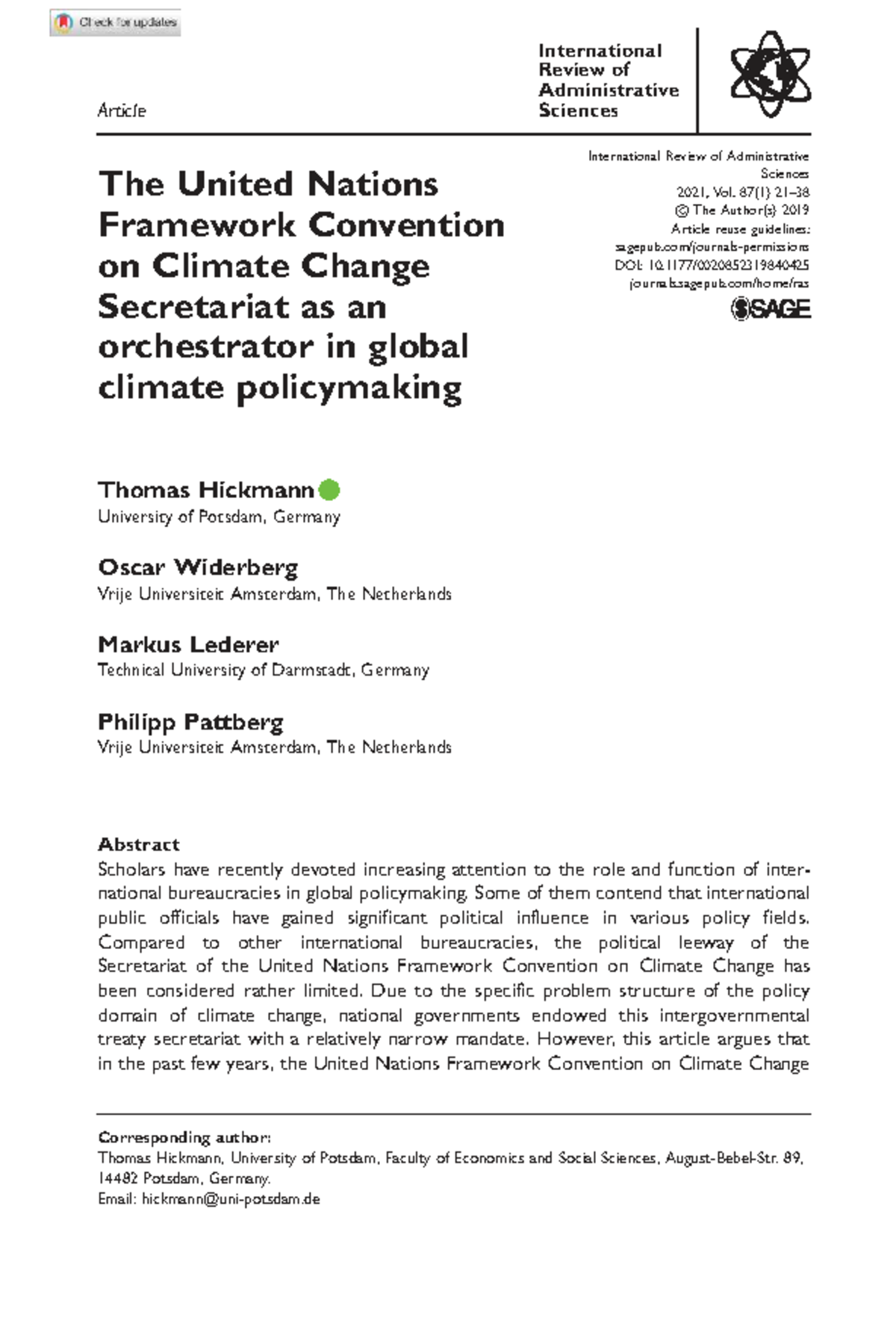 UNFCCC Secretariat as an Orchestrator in Global Climate Policy - Studocu