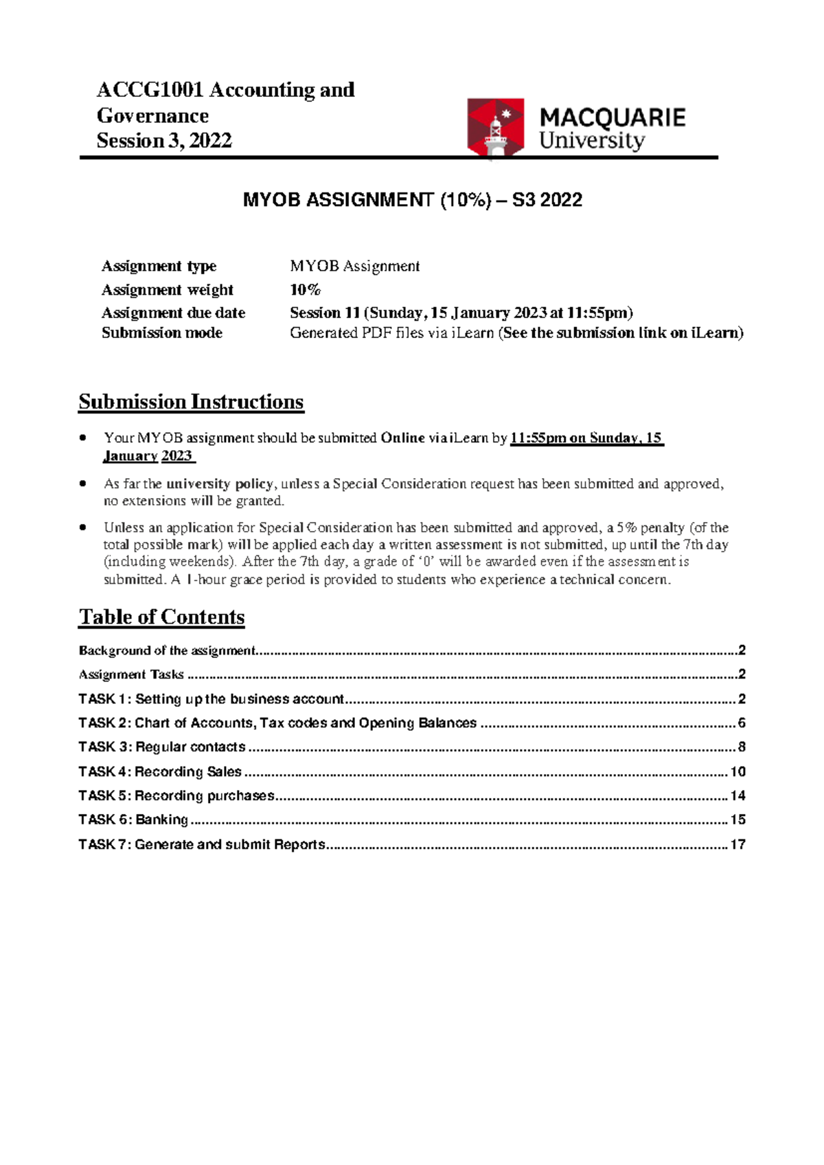 ACCG1001 2022.3 MYOB Assignment - MYOB ASSIGNMENT (10%) – S3 2022 ...