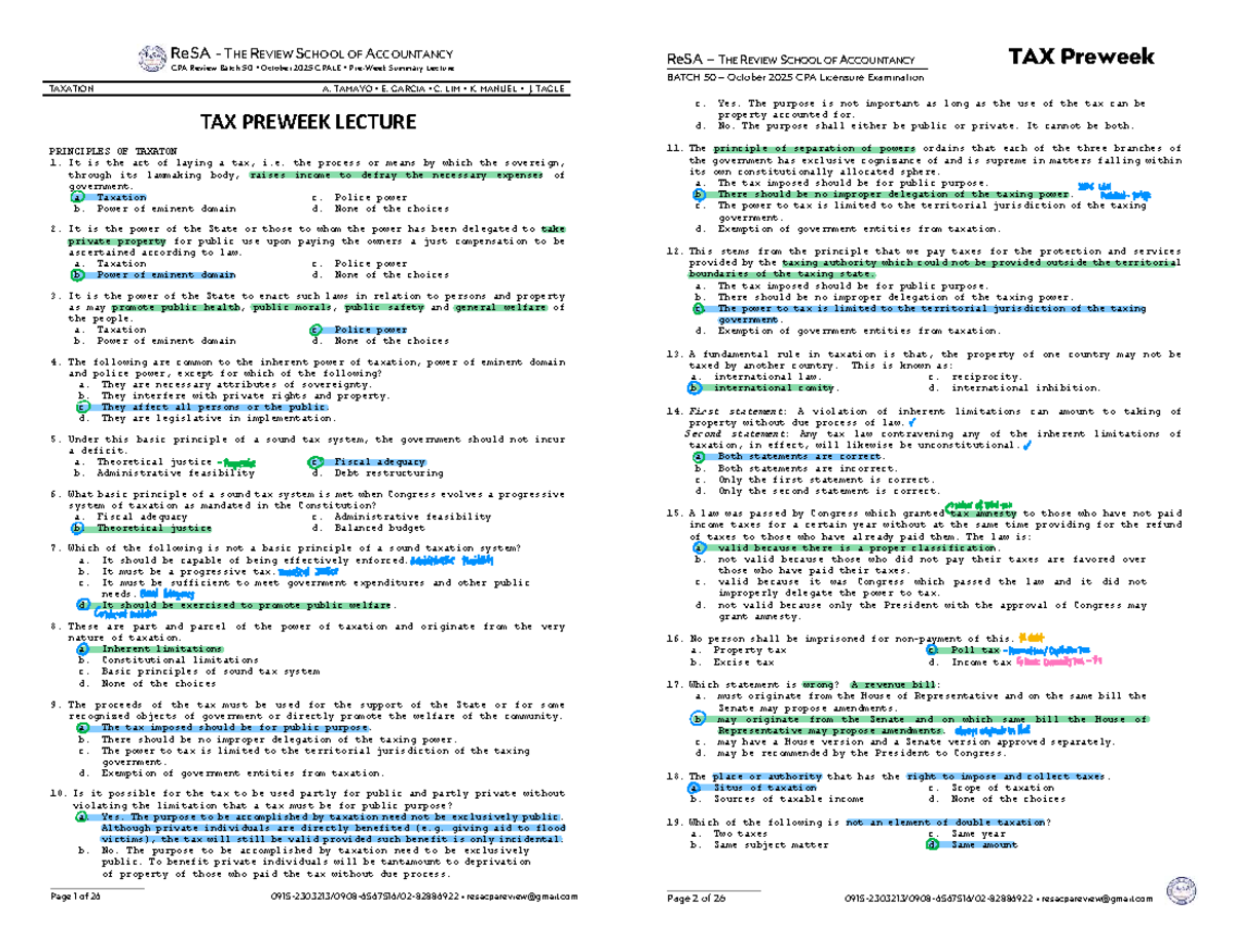 TAX Preweek Notes for CPA Review Batch 50 - October 2025 - Document Preview
