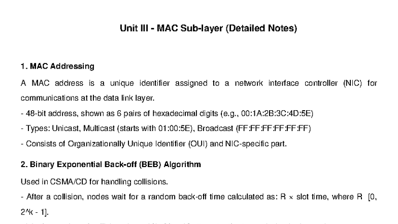 Unit III MAC Sublayer Notes - Unit III - MAC Sub-layer (Detailed Notes ...