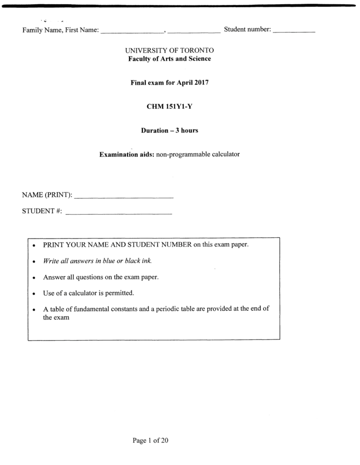 CHM151Y1 - Final Exam April 2017 - Questions and Answers Guide - Studocu