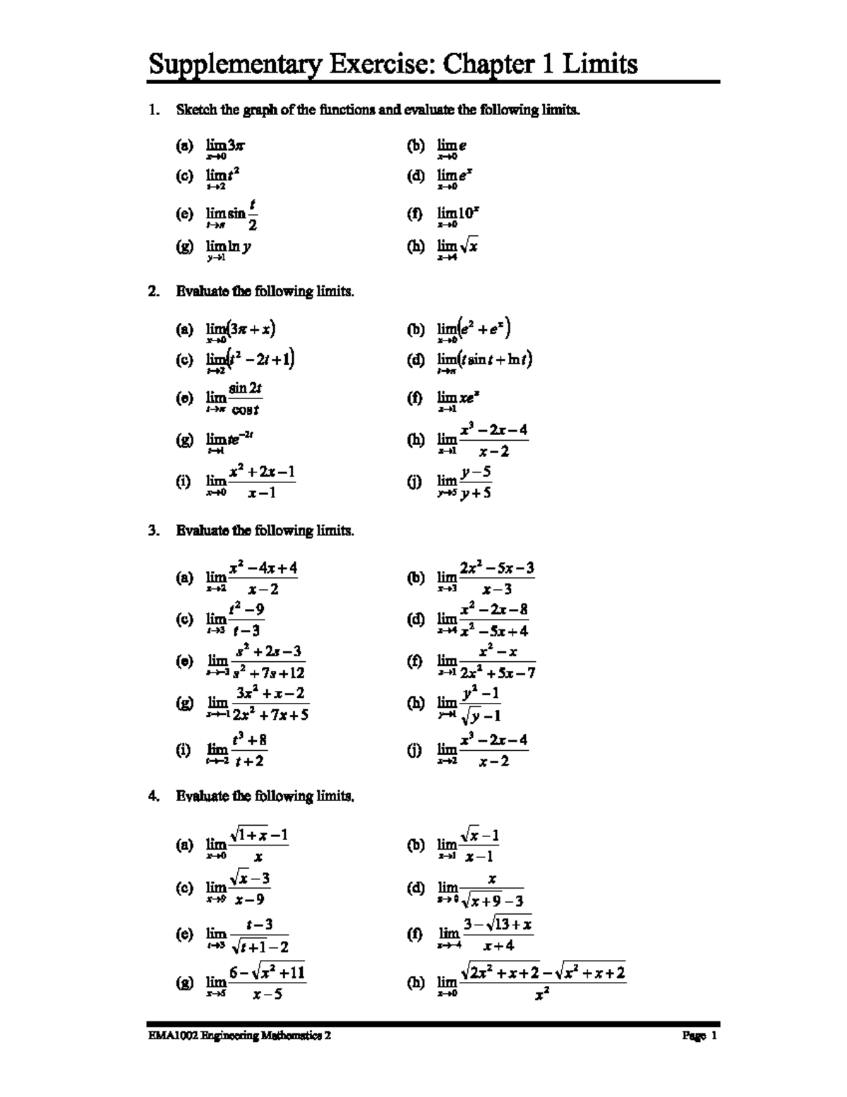 EMA1002 Engineering Mathematics: Limits and Derivatives Exercises - Studocu