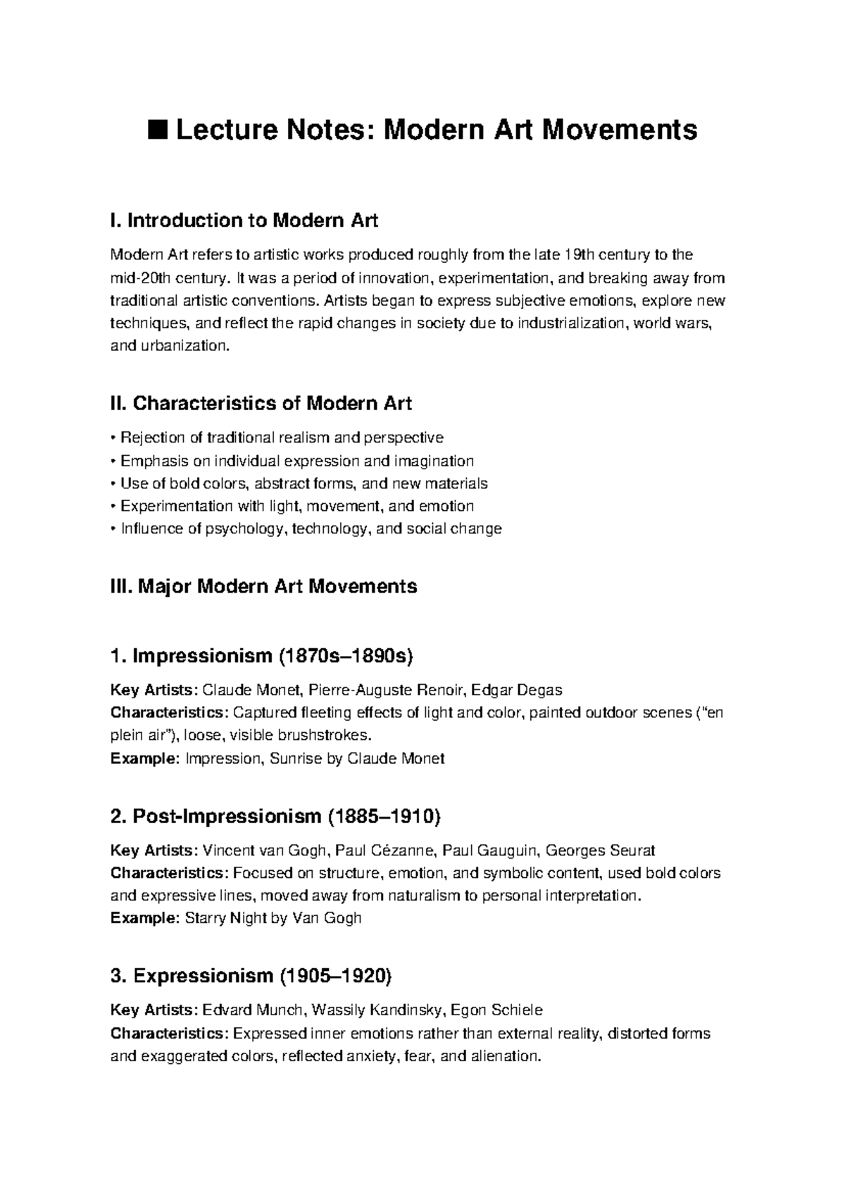 Lecture Notes: Modern Art Movements I - Key Characteristics & Artists ...