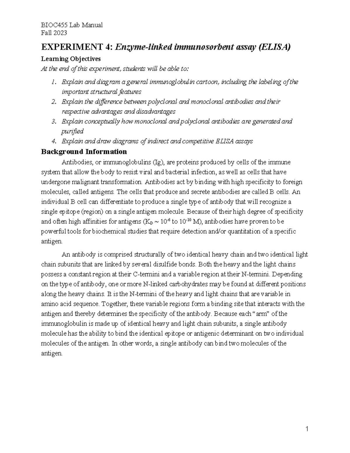ELISA Protocol and Antibody Titration (BIOC455 Lab Manual) - Fall 2023 ...