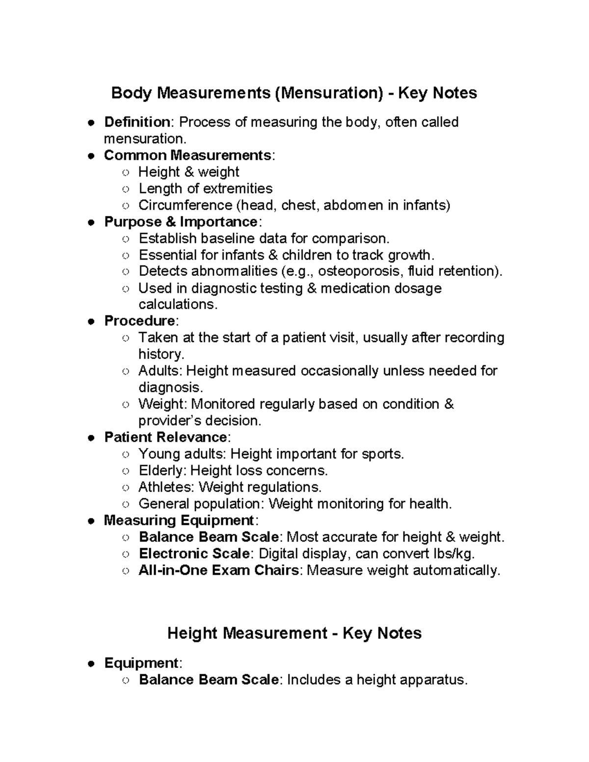 Key Notes on Body Measurements and Vital Signs (PHYS 101) - Studocu