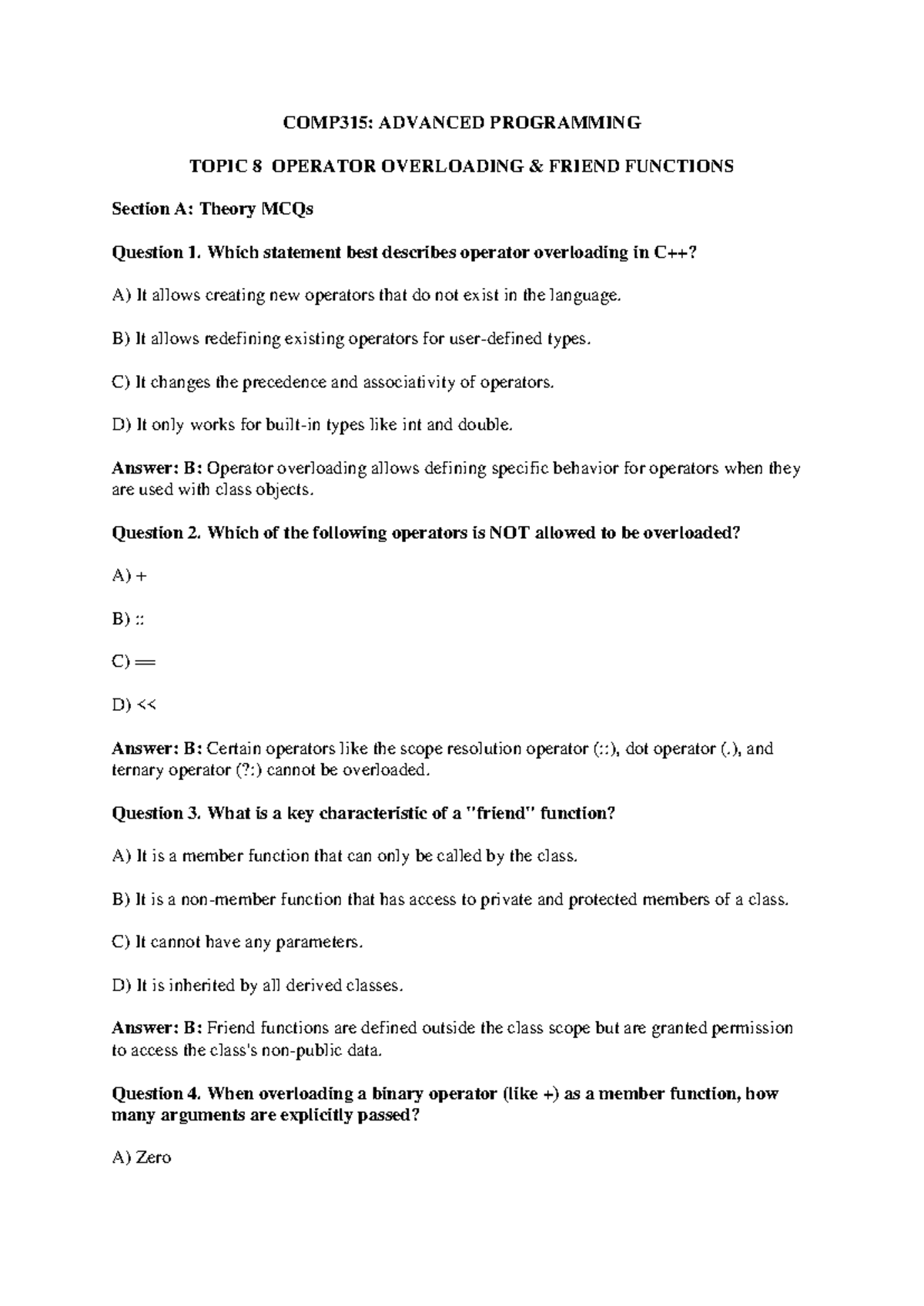 COMP315: OPERATOR OVERLOADING & FRIEND FUNCTIONS Q&A Bank - Studocu