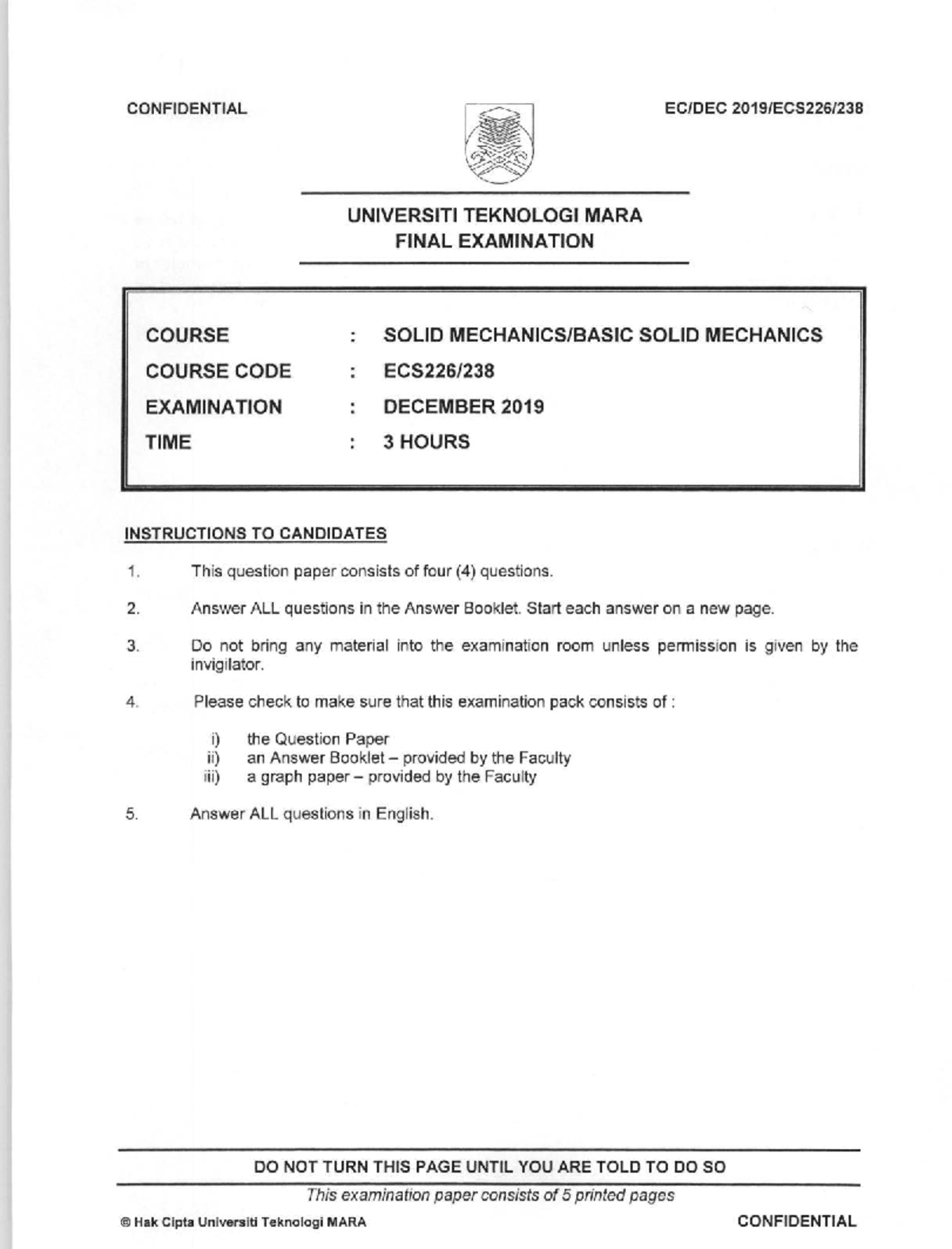 ECS226 Solid Mechanics Final Exam December 2019 - Studocu