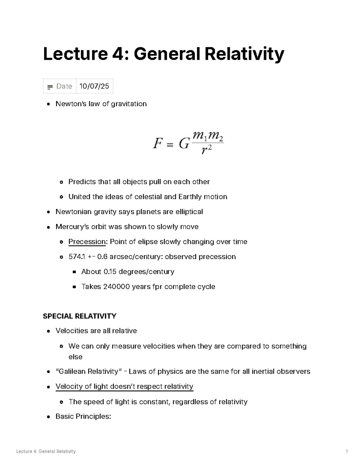 Cluster 70A - Lecture 4: General Relativity Overview and Key Concepts ...