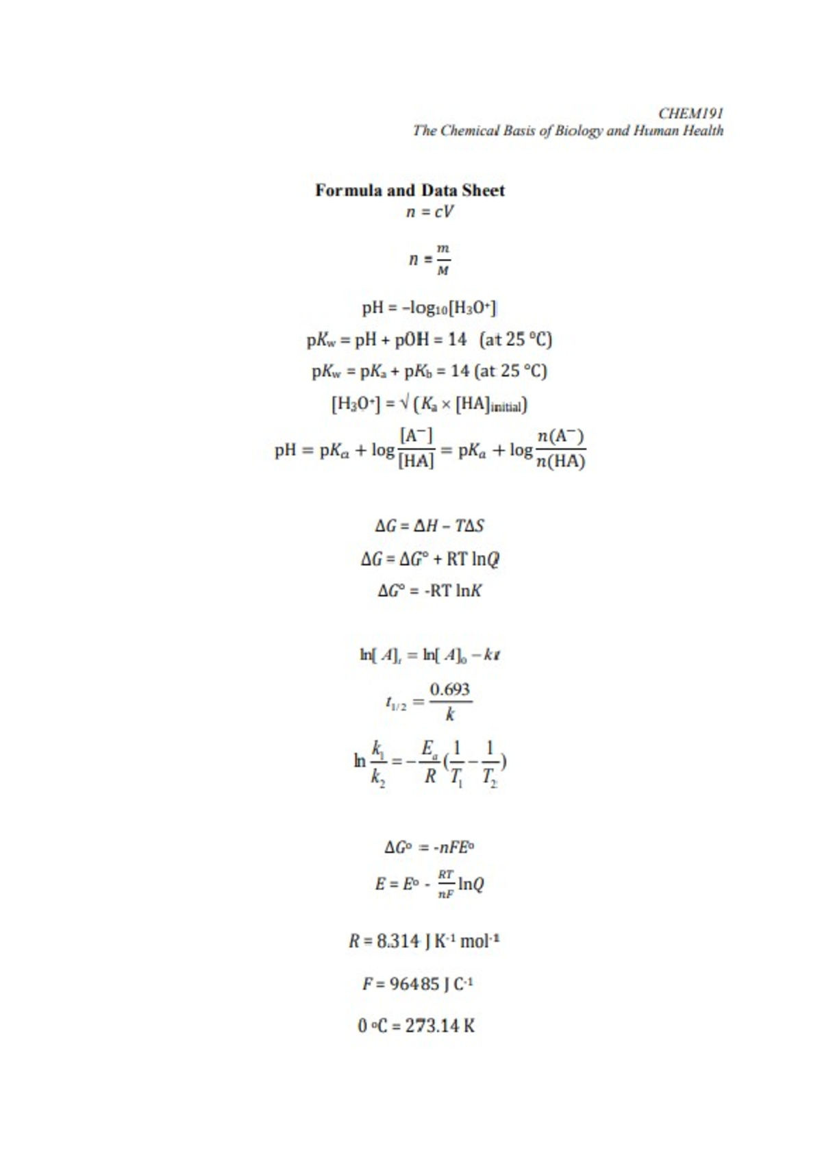 Chem191 Formula and data sheet - The Chemical Basis of Biology and ...