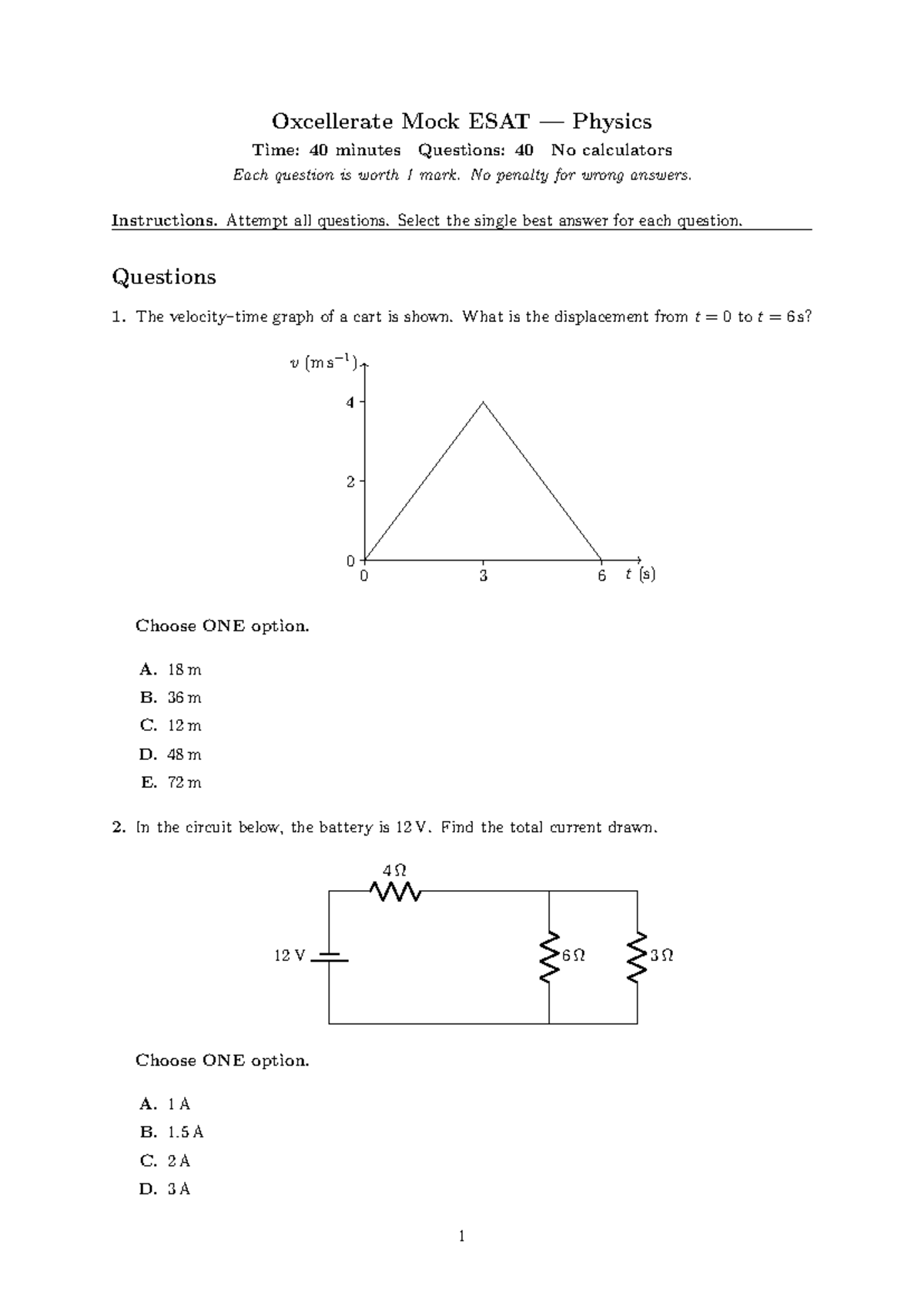 Physics ESAT Mock Exam - Oxcellerate (40 Questions, 40 Min) - Studocu