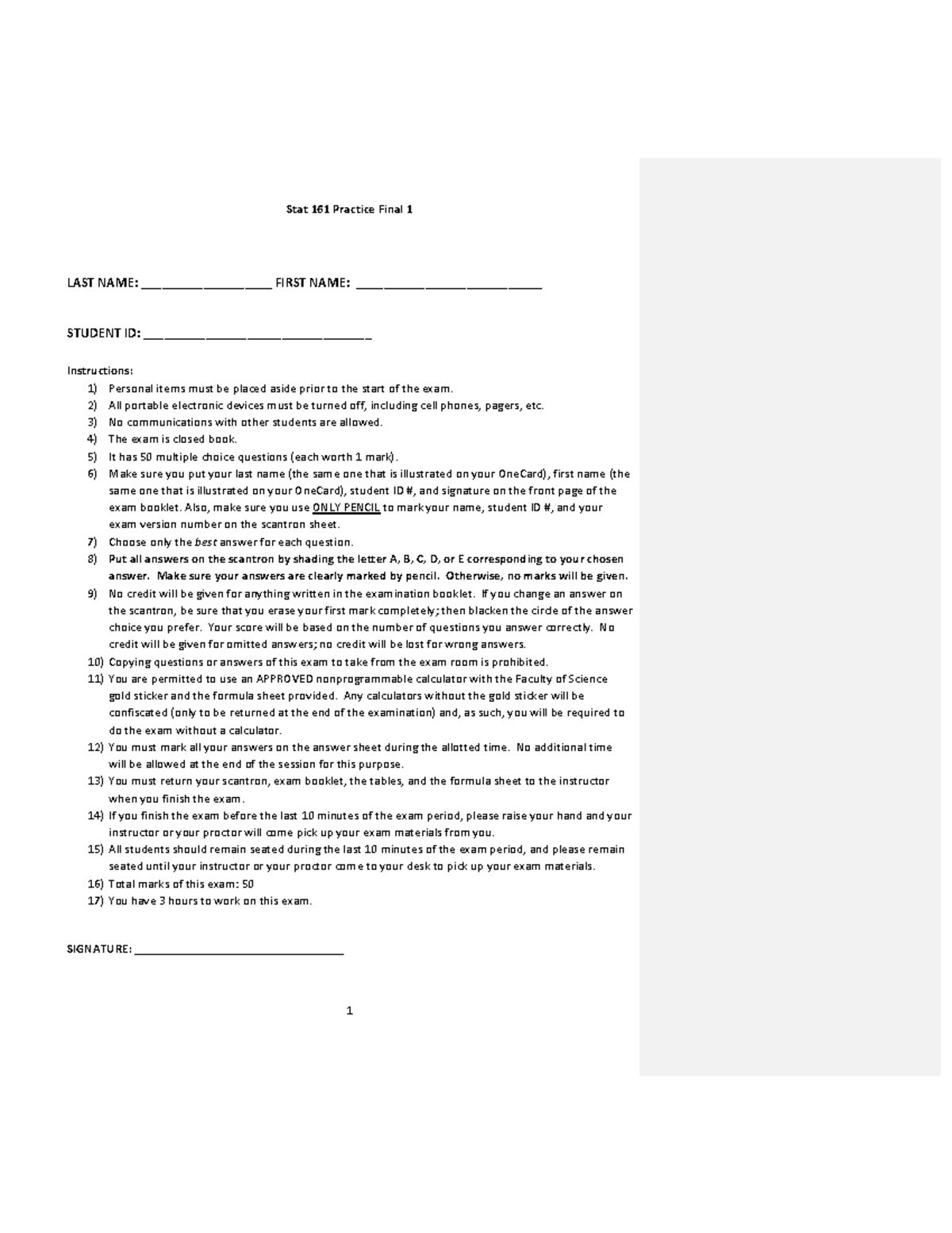 Stat 161 Practice Final Exam - Guidelines and Questions - Studocu
