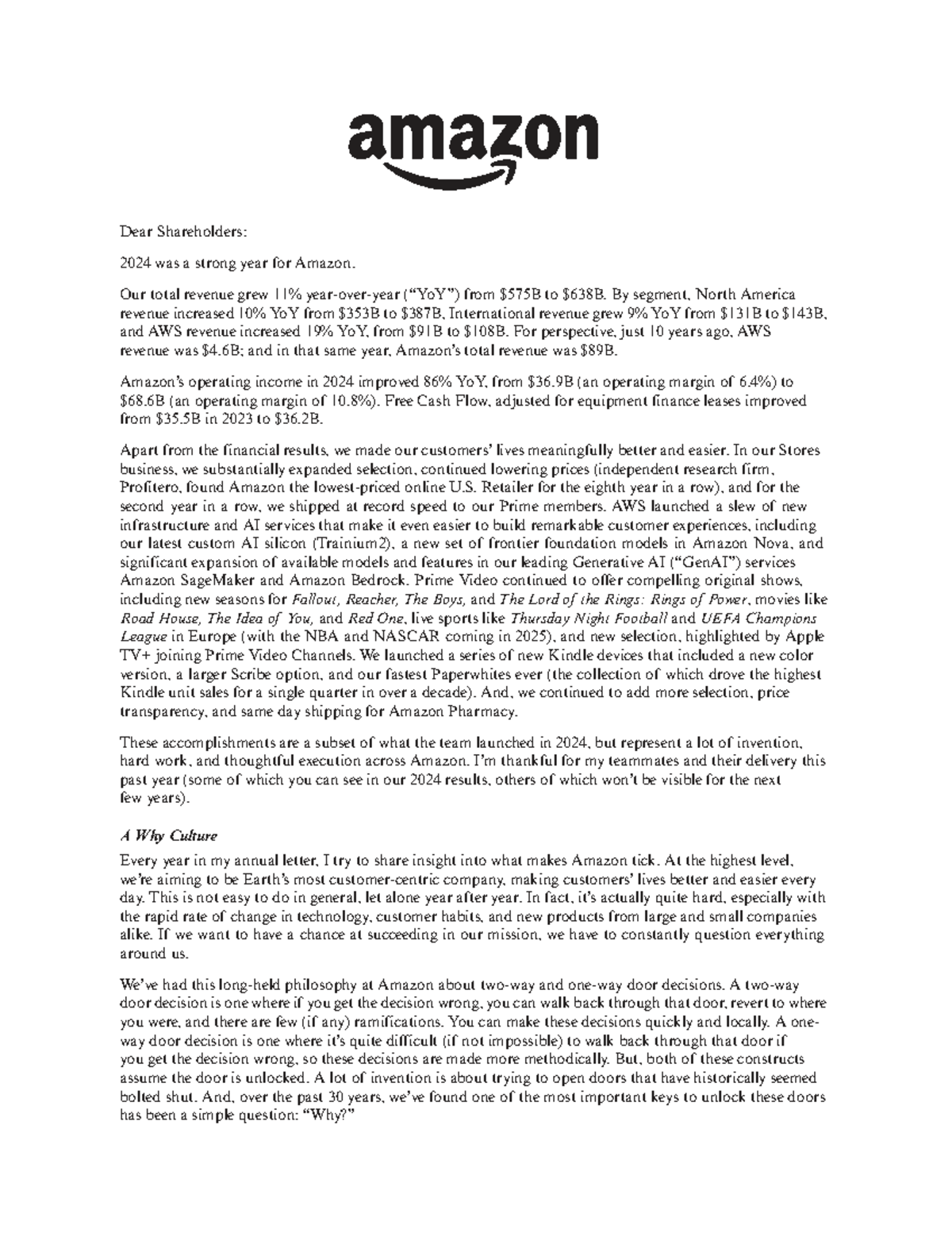 2024 Shareholder Letter: Amazon's Growth and Innovations - Studocu