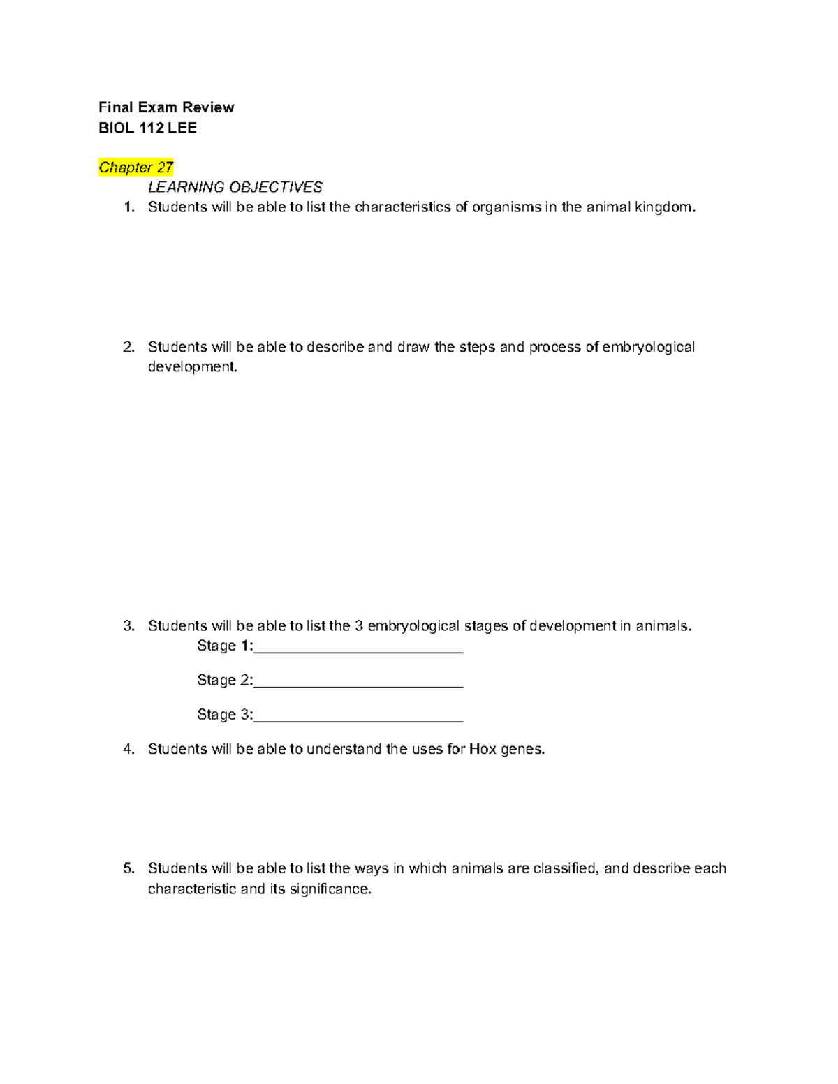 BIOL 112 Final Exam Study Guide: Key Concepts & Objectives - Studocu