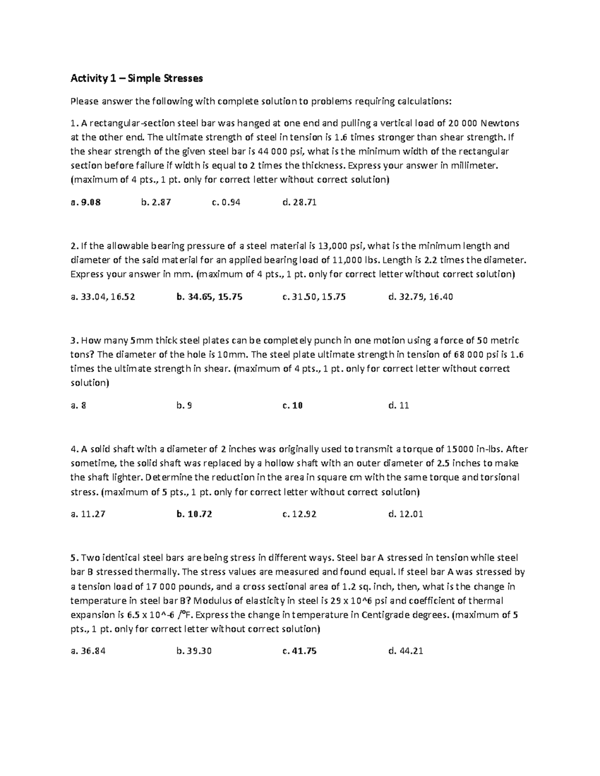 Activity 1 - Simple Stresses - Activity 1 – Simple Stresses Please ...