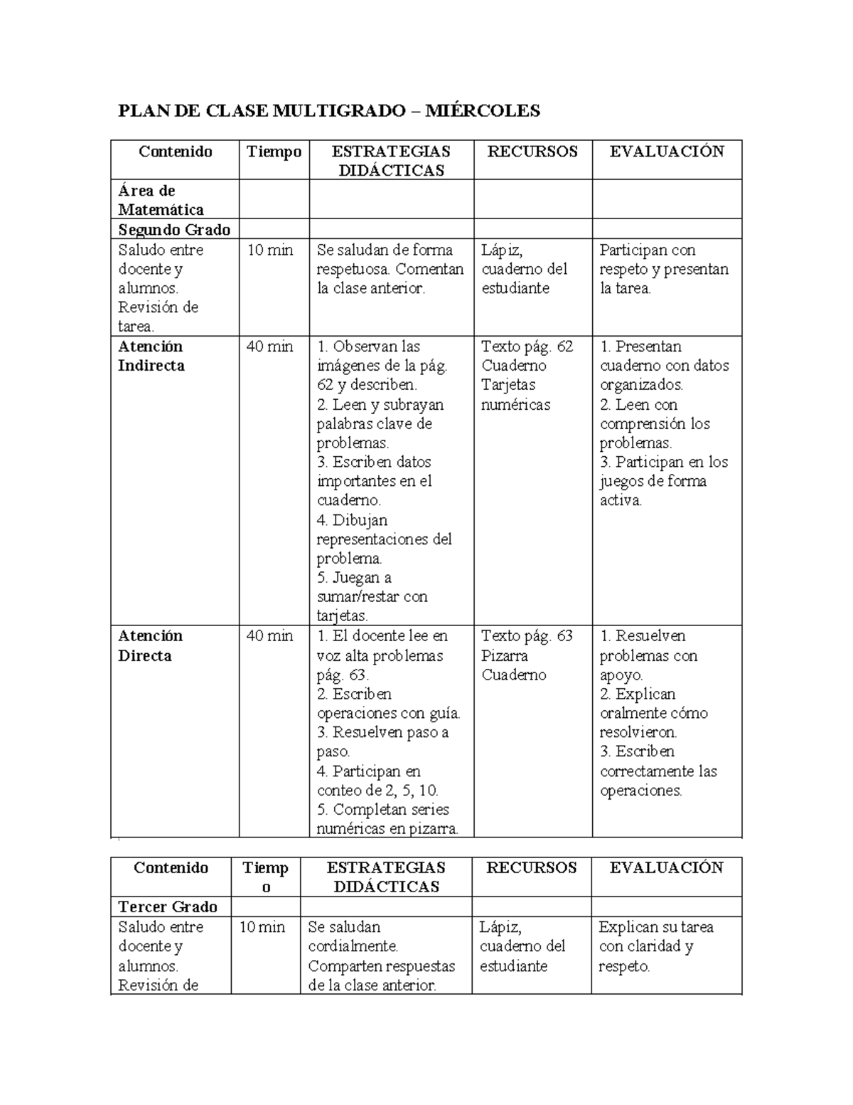 PLAN DE CLASE MULTIGRADO 2° y 3° GRADO: Estrategias y Evaluación - Studocu
