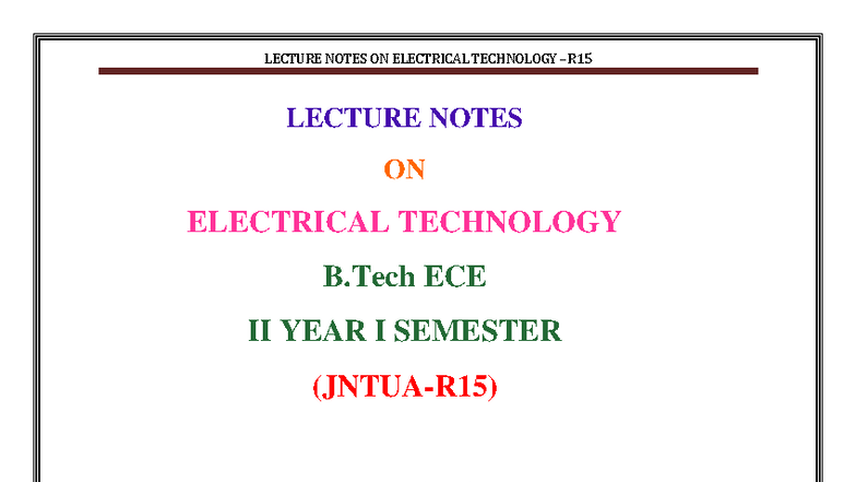 LECTURE NOTES ON ELECTRICAL TECHNOLOGY (B.Tech ECE II Year I Sem) - Studocu