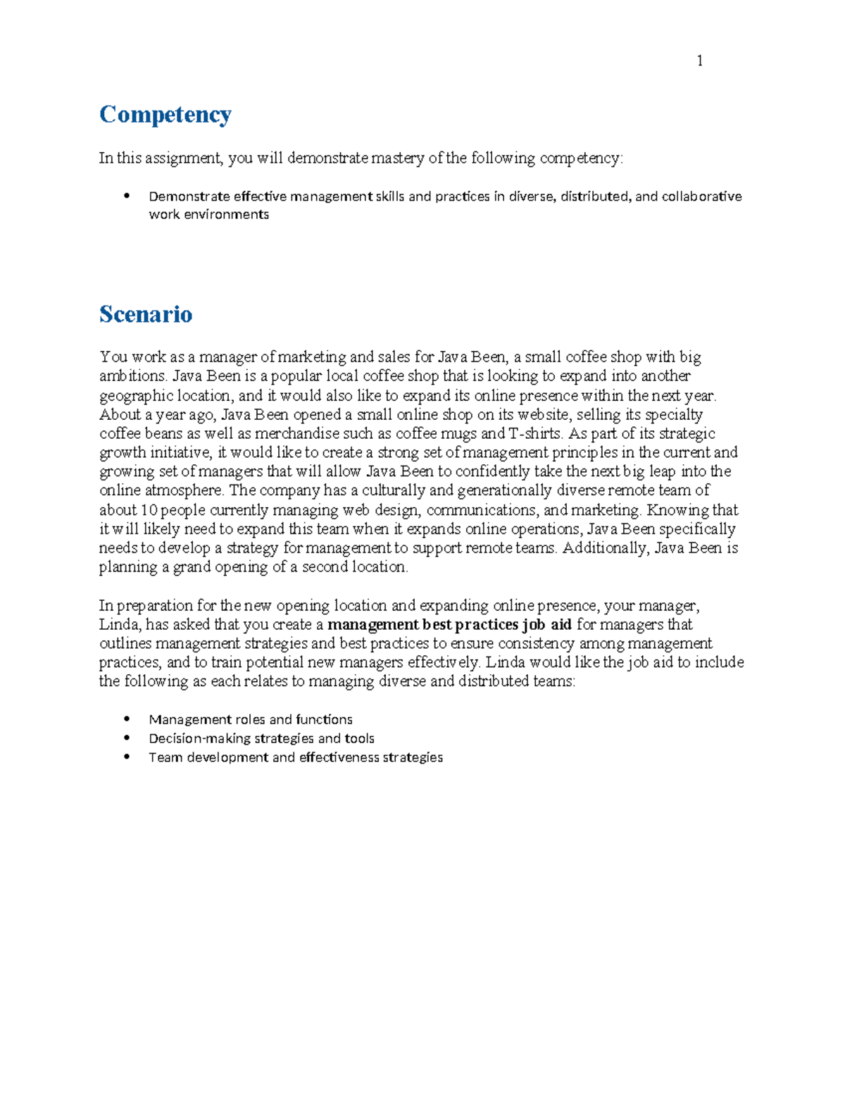 MGT 2006 Project 8: Management Best Practices Job Aid for Java Been ...