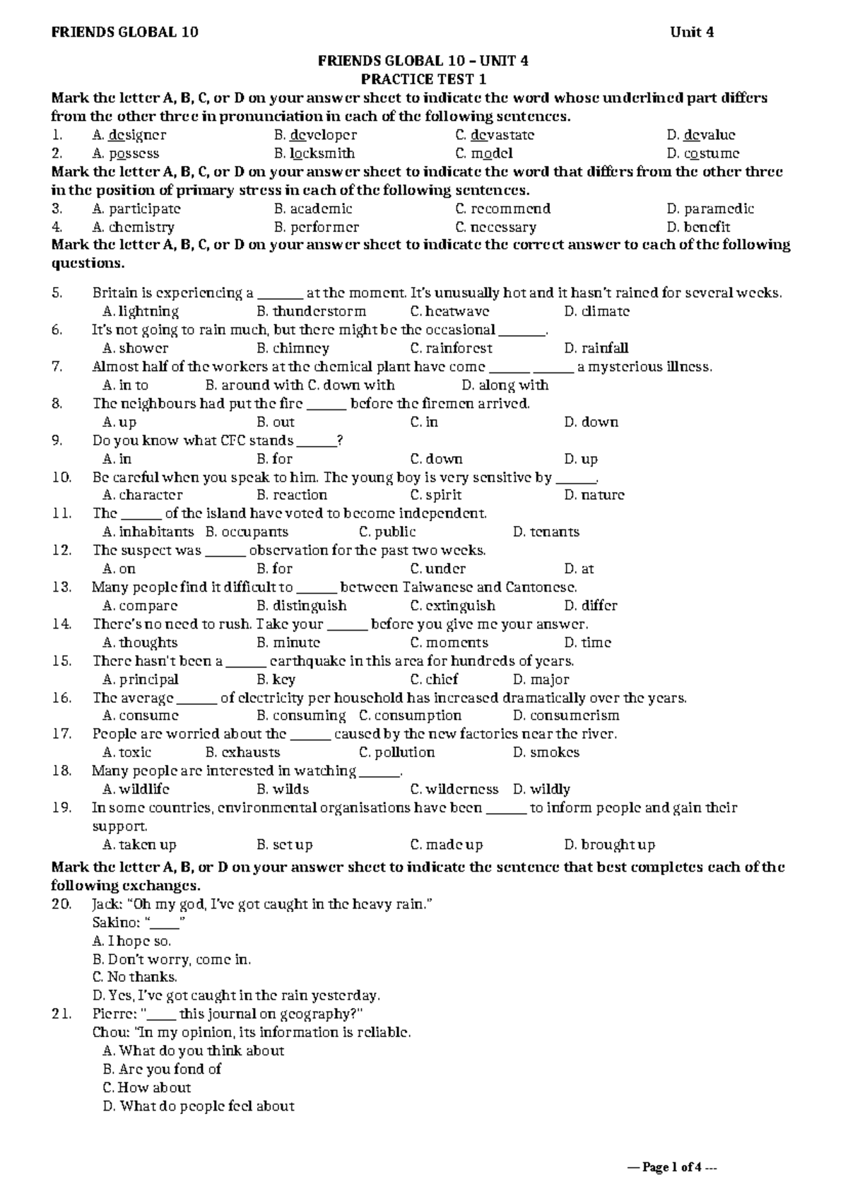 Tieng Anh 10 FRIENDS GLOBAL - Unit 4 Practice Test 1 - Studocu