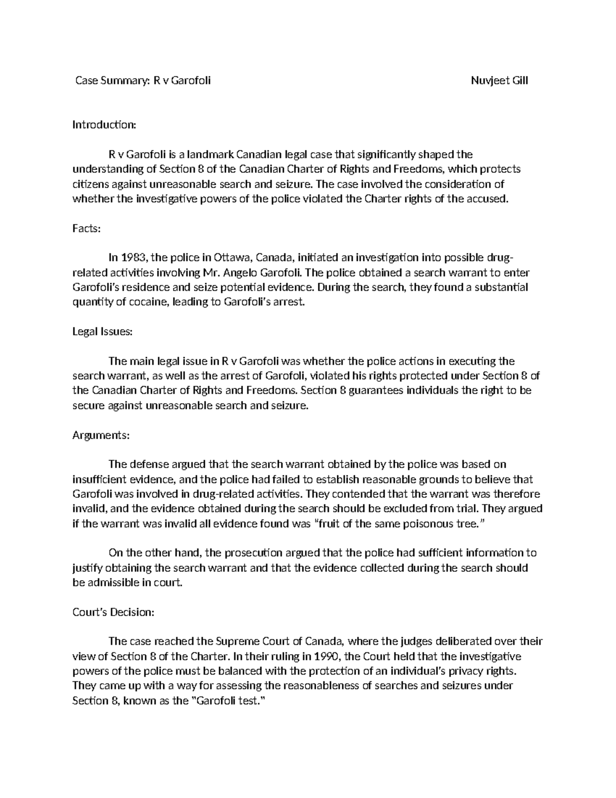 Case Summary: R v Garofoli and the Charter's Section 8 Rights - Studocu