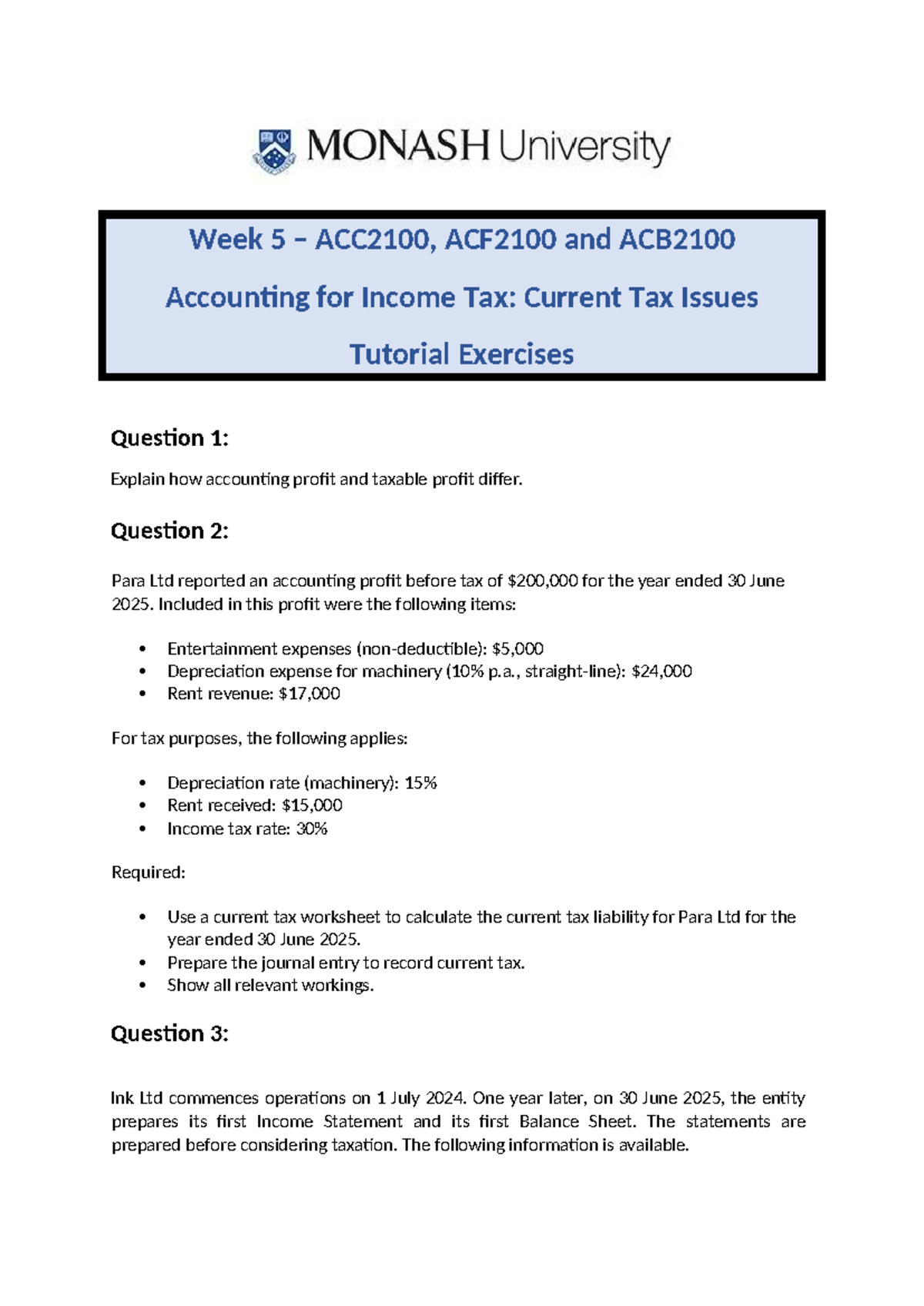 Week 5 ACC2100, ACF2100, ACB2100 Income Tax Tutorial Exercises - Studocu