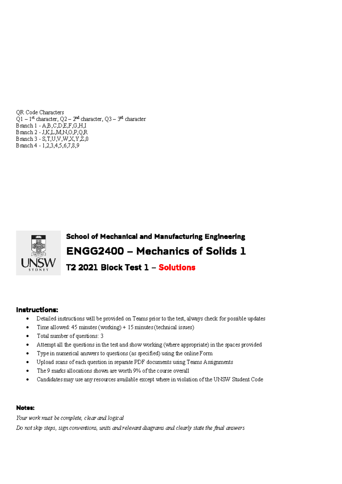 ENGG2400 T2 2021 Mechanics of Solids Block Test 1 Solutions - Studocu