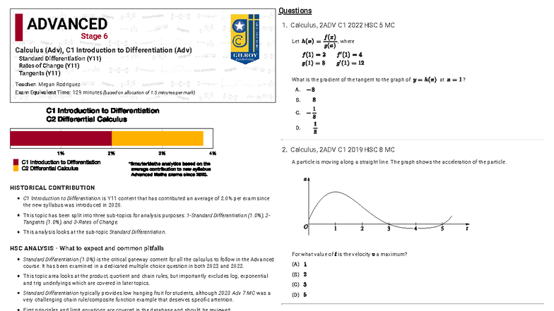 Differentiation Practice Questions - Calculus 2ADV C1 HSC - Studocu