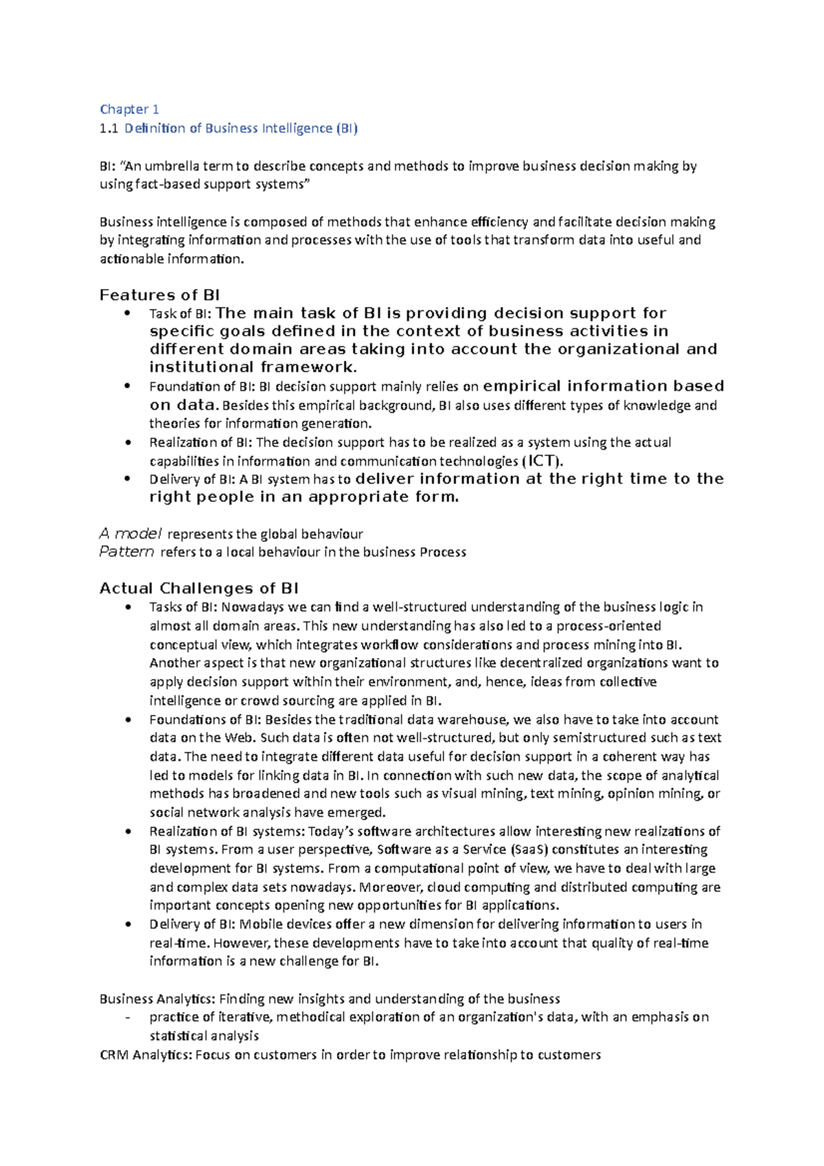 Summary of Chapter 1 - Basics of Business Intelligence (BI) - Studeersnel