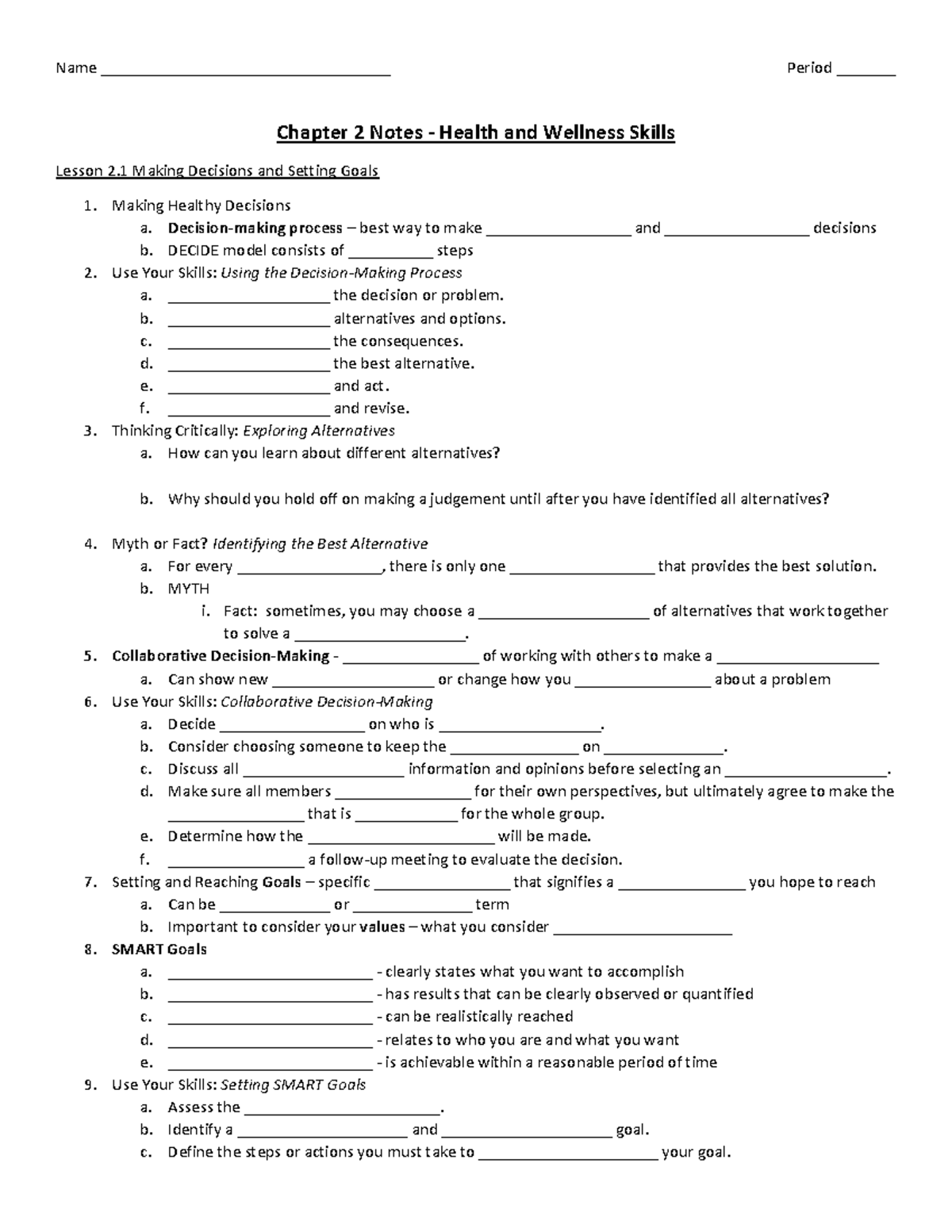 Chapter 2 Notes (Health & Wellness Skills) - Decision Making & Goal ...
