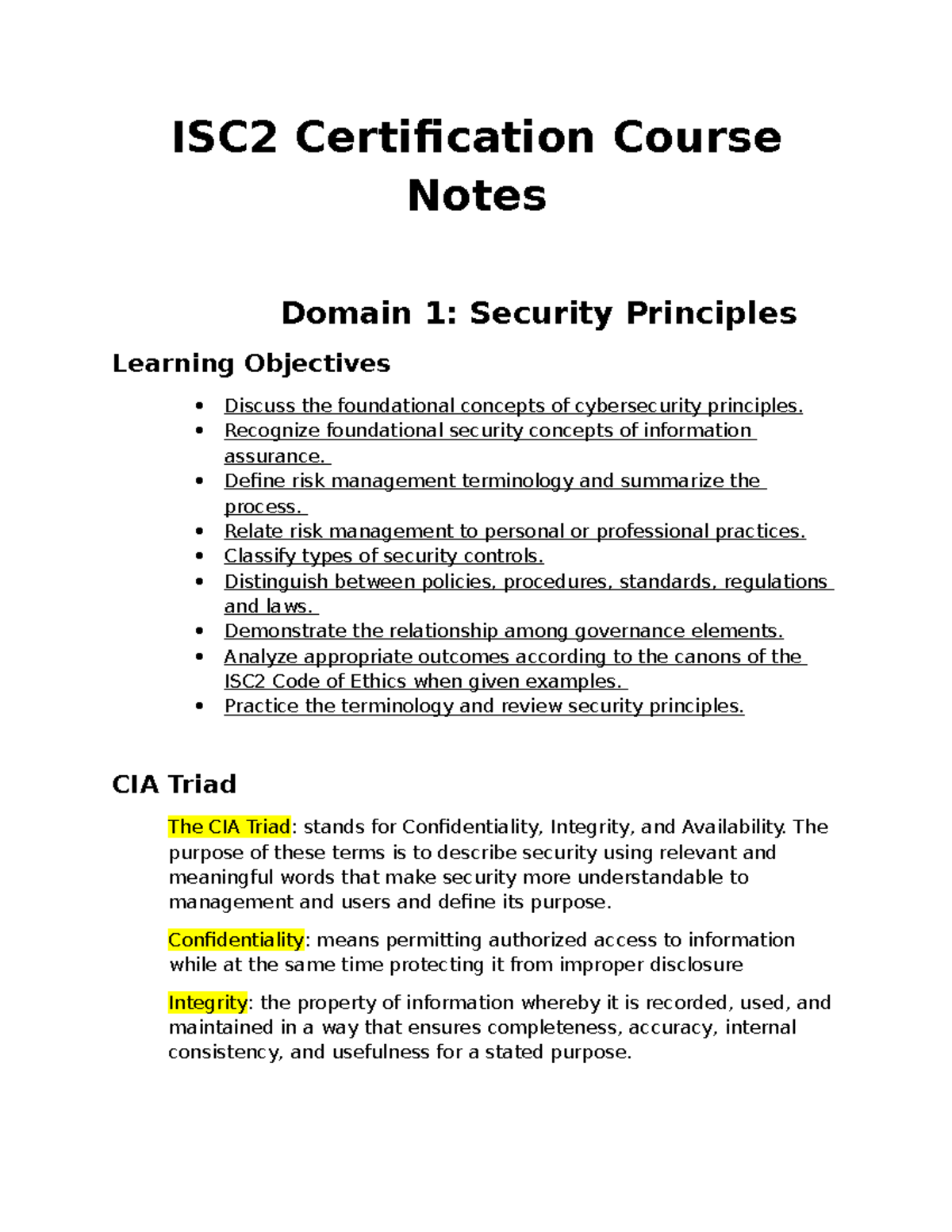 ISC2 Certification Course Notes: Domain 1 - Security Principles ...