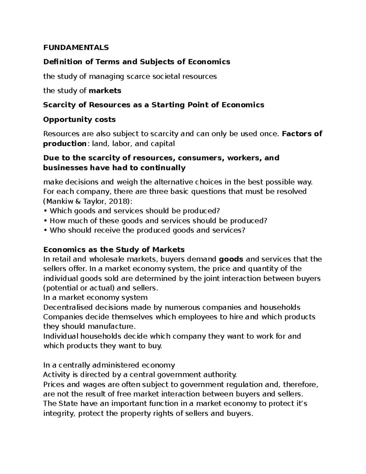 ECO 101: Fundamentals of Economics - Key Concepts and Definitions - Studocu