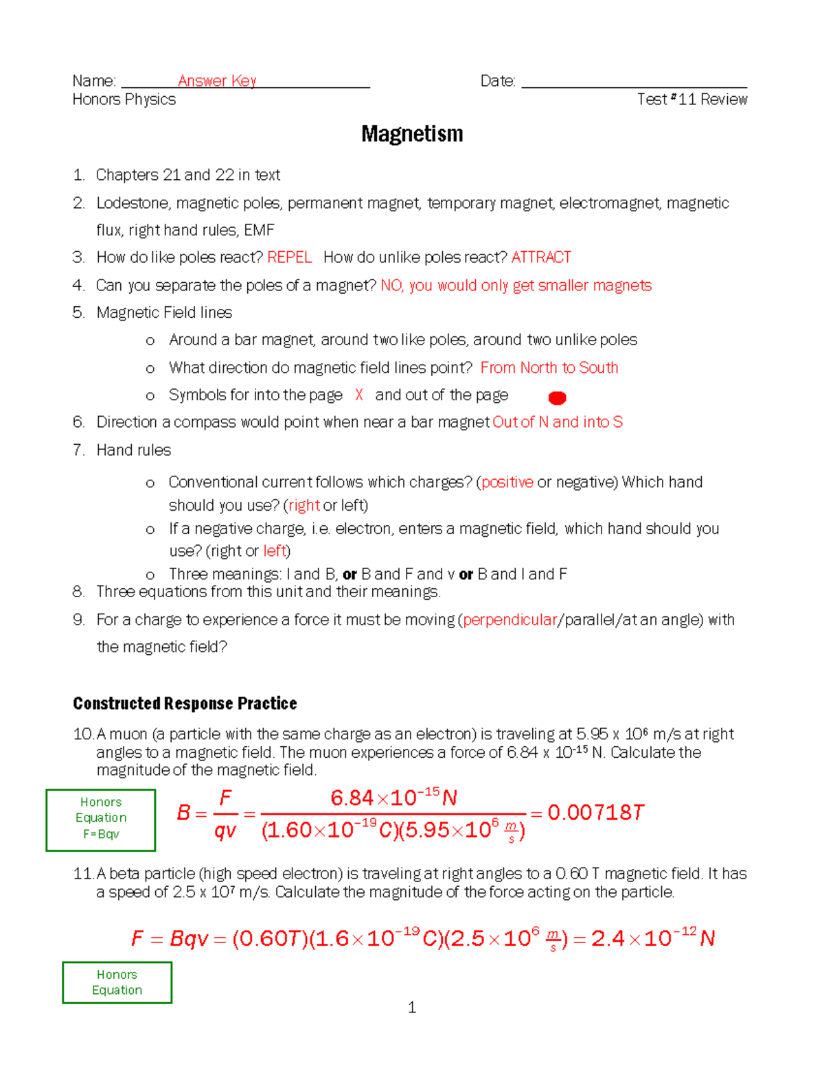Honors Physics Test Review: Magnetism Concepts and Equations - Studocu