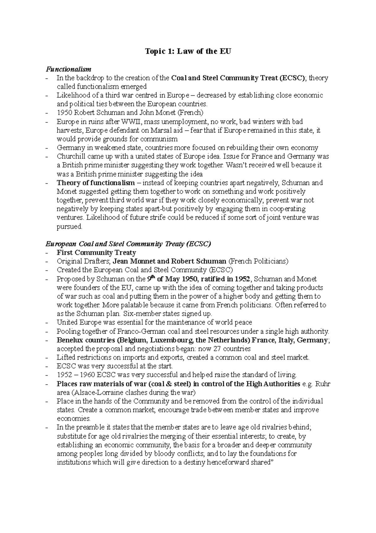 Topic 1 - Law of the EU - Lecture notes summary - Topic 1: Law of the ...
