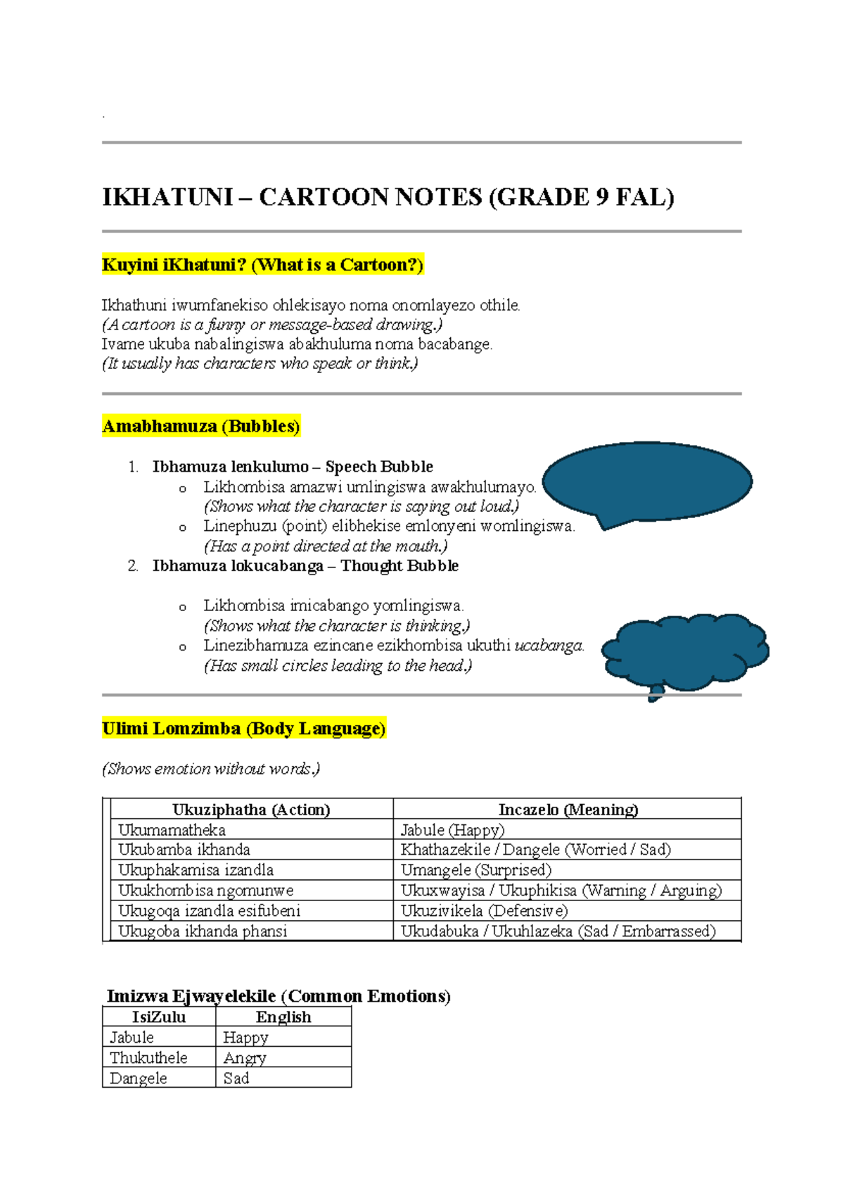 Ikhatuni Notes (Grade 9 FAL) - Understanding Cartoons and Emotions ...