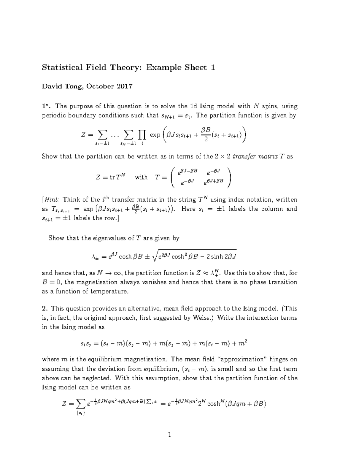 Statistical Field Theory 2017-2018 Example Sheet 1 - Mean Field Theory ...