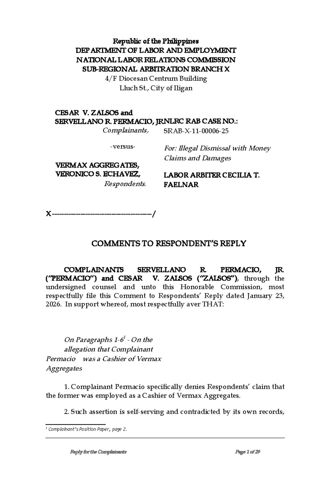 NLRC RAB CASE NO. 2026-01: Comments on Reply for Illegal Dismissal ...