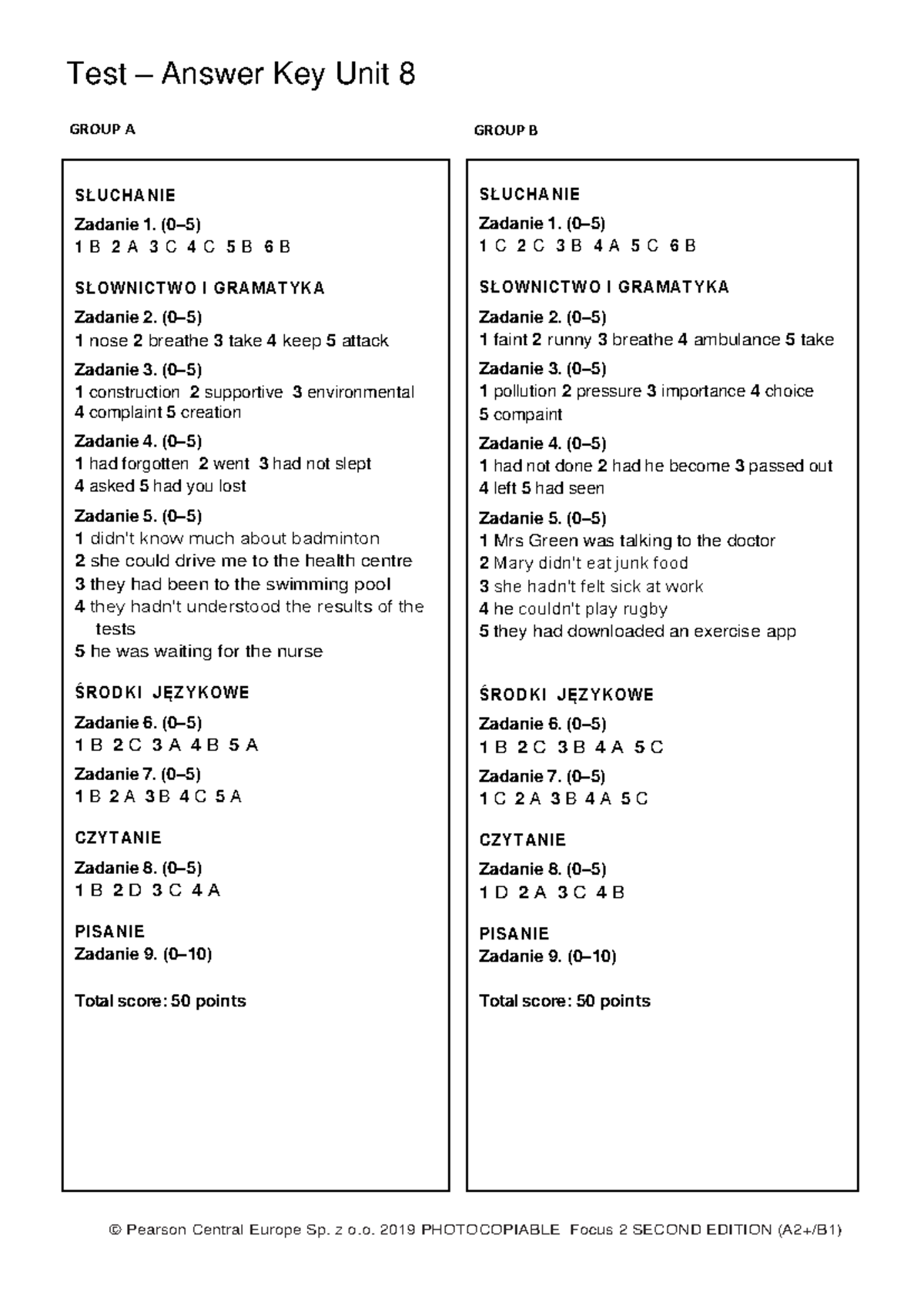Focus 2 2ed Test Unit 8 Answer Key for Groups A & B - Studocu