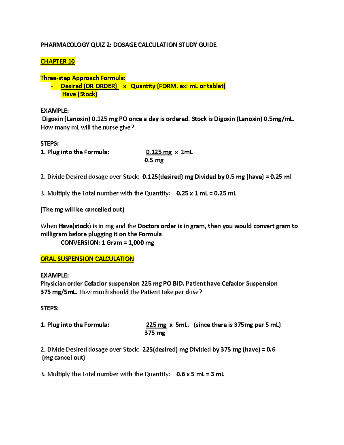 Pharmacology Quiz 2: Dosage Calculation Study Guide (PHARM 101) - Studocu