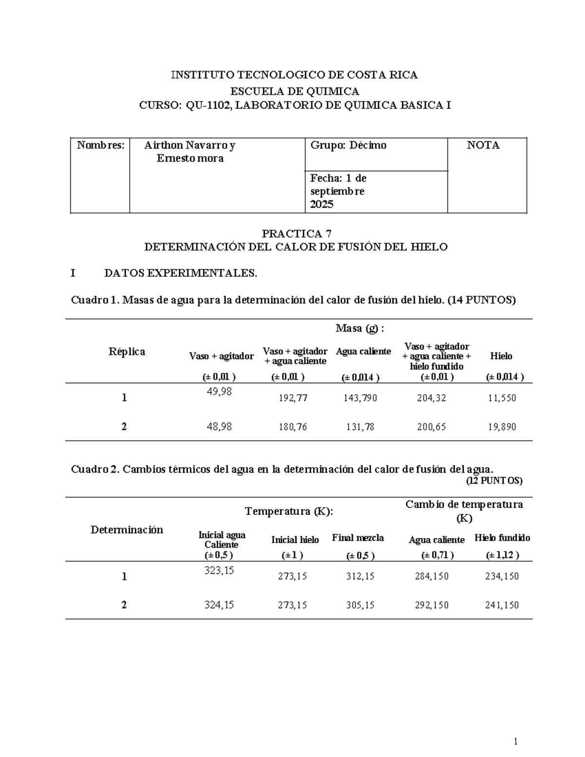 Informe Práctica 7: Determinación del Calor de Fusión del Hielo ...