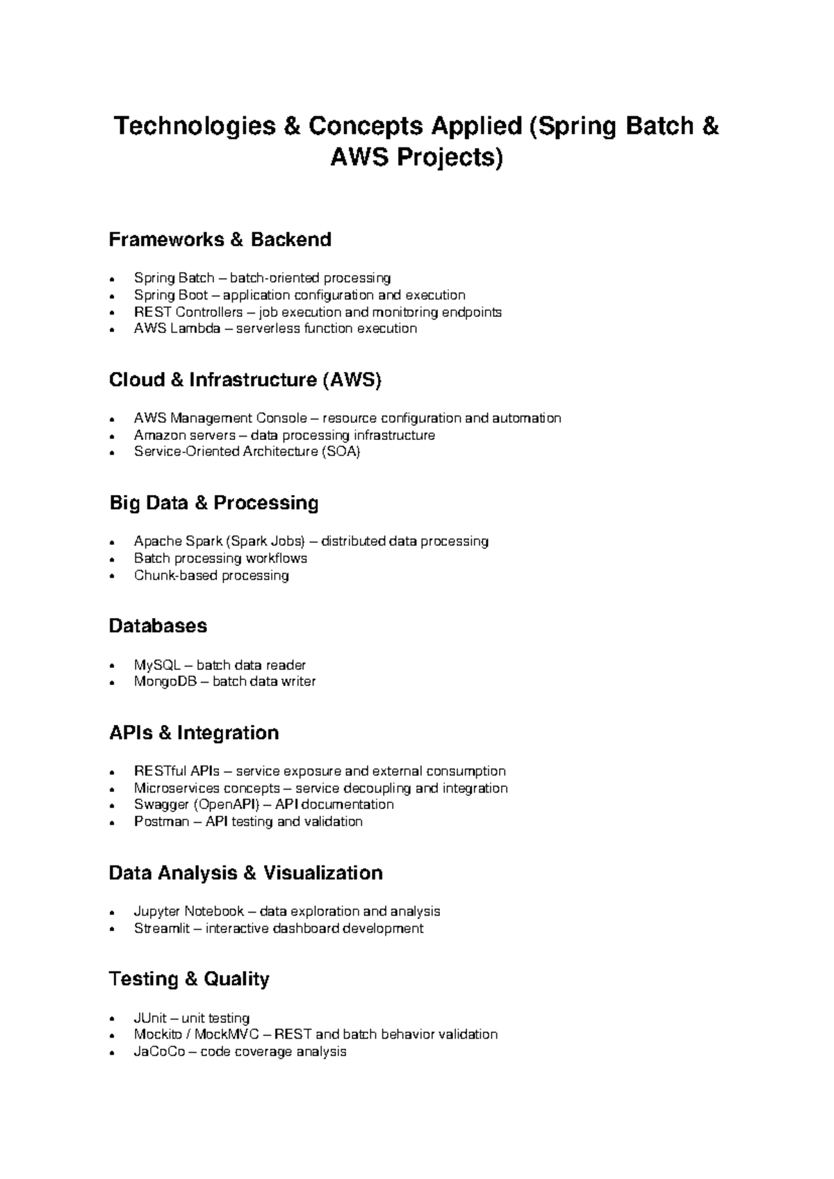Technologies & Concepts Applied: Spring Batch & AWS Projects - Studocu