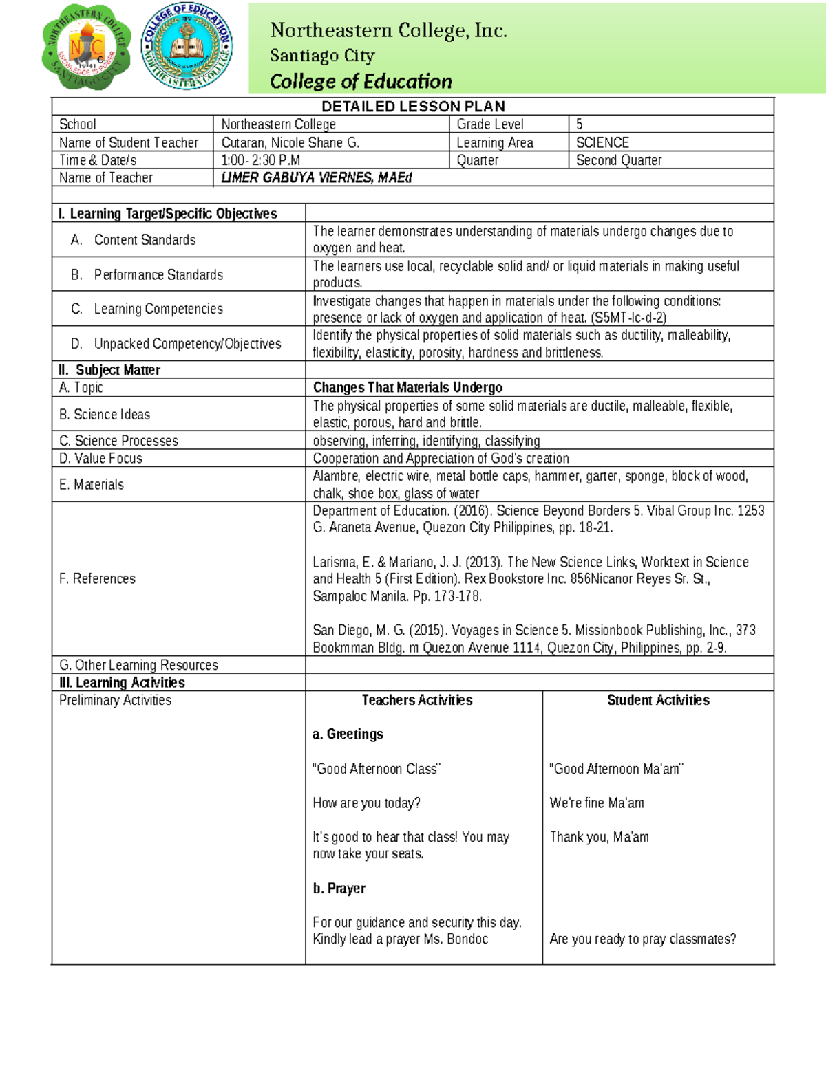 Detailed Lesson Plan for Science 5: Changes in Materials - Studocu