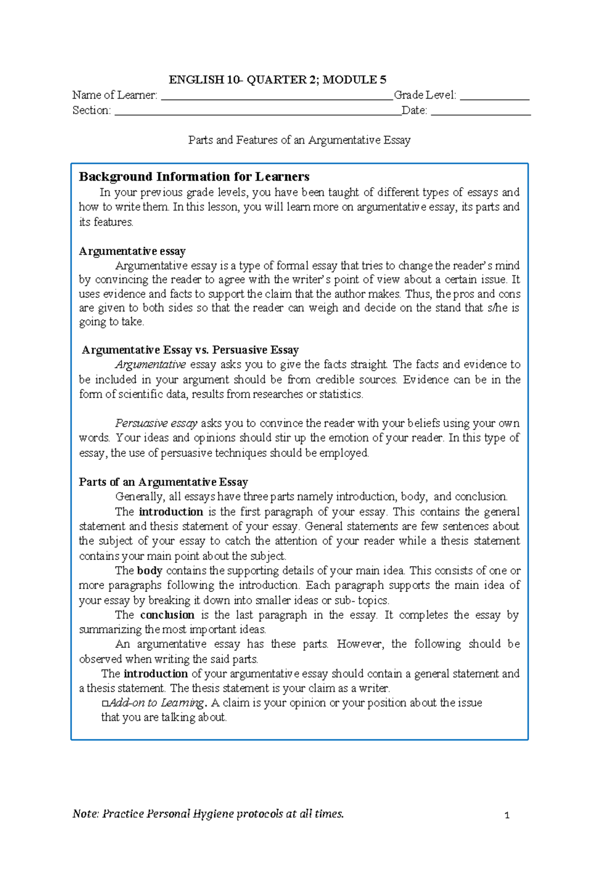 ENGLISH 101: Parts and Features of an Argumentative Essay - Studocu