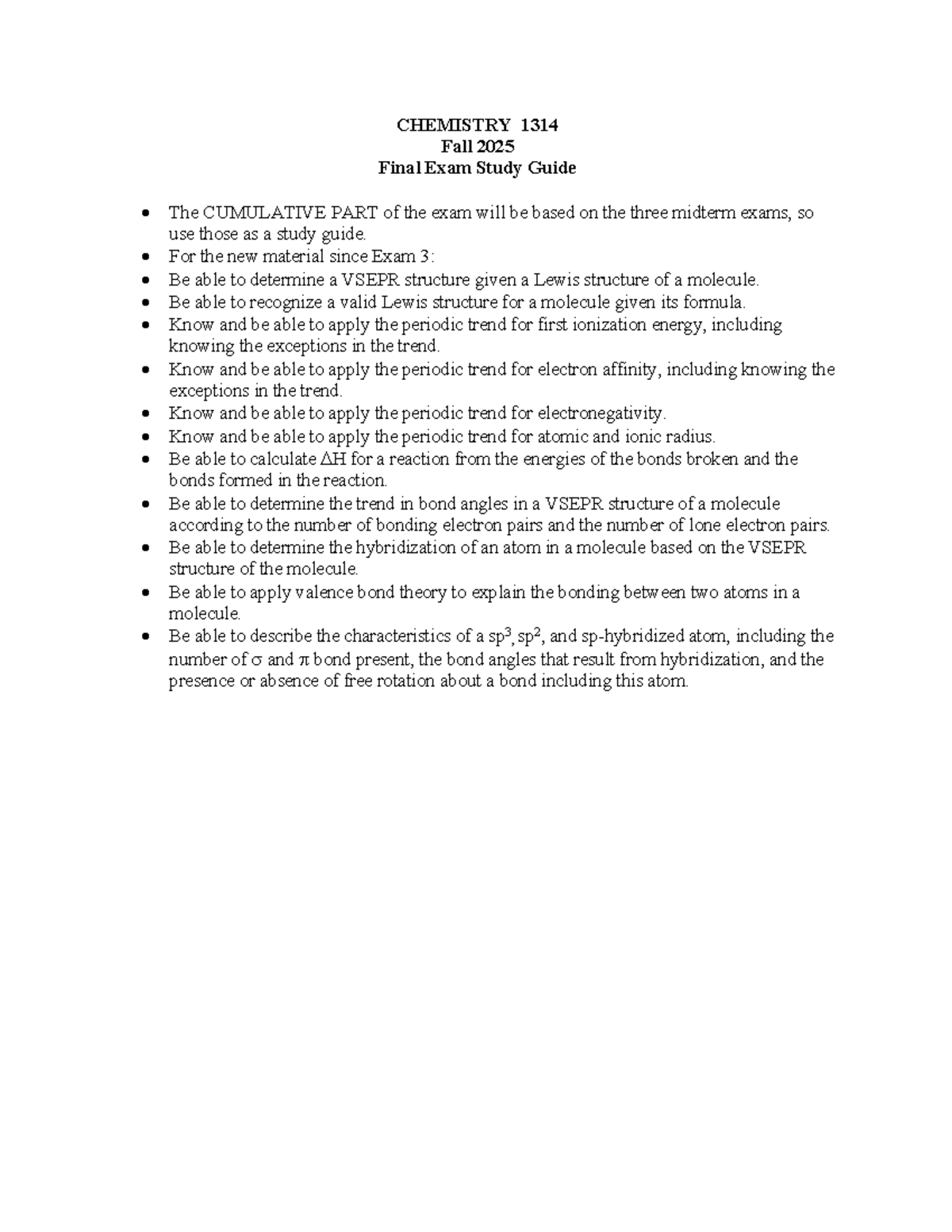 CHEM 1314 Final Exam Study Guide - Fall 2025 - Studocu