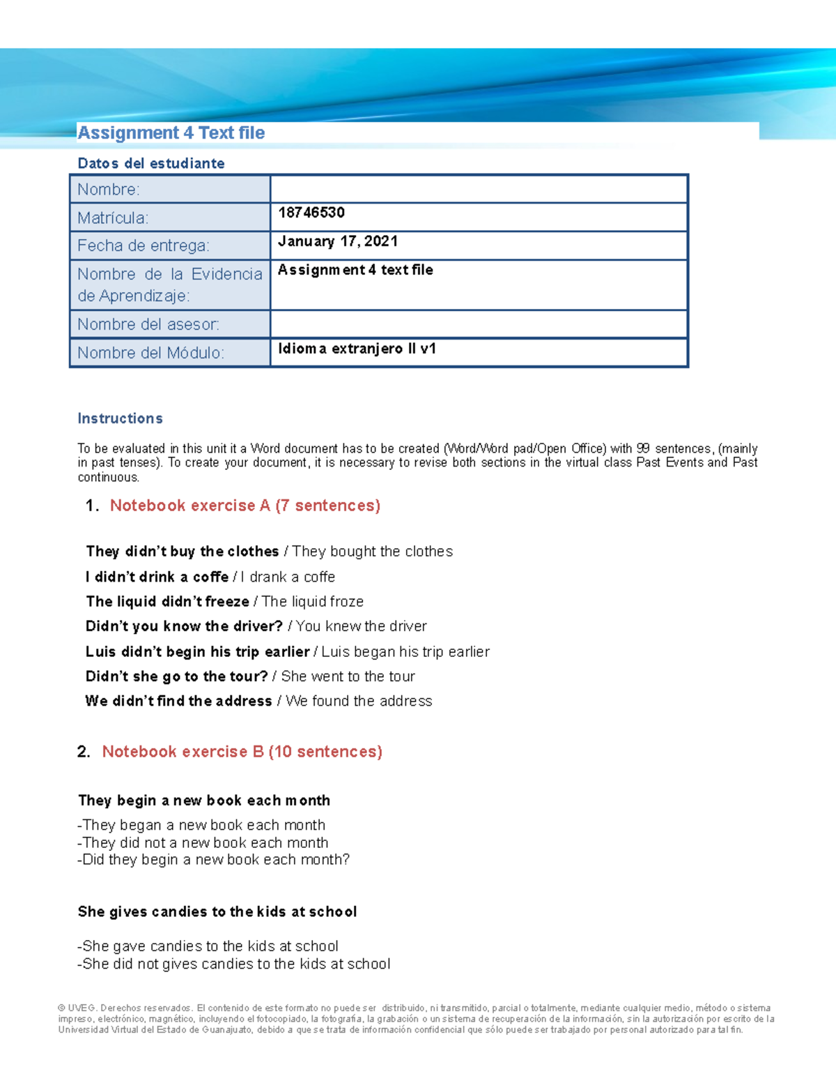 Assignment 4: Sentences in Past Tense for UVEG INGLES II Unidad 2 - Studocu