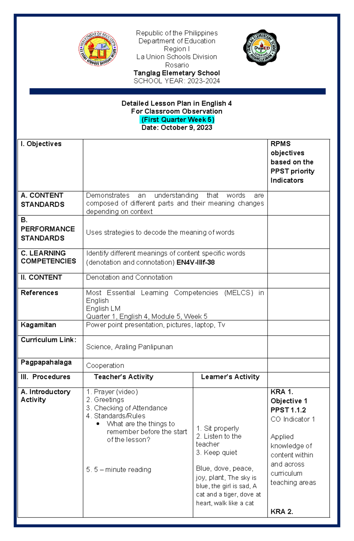 Detailed Lesson Plan for English 4 (Cot 1) - Denotation & Connotation ...