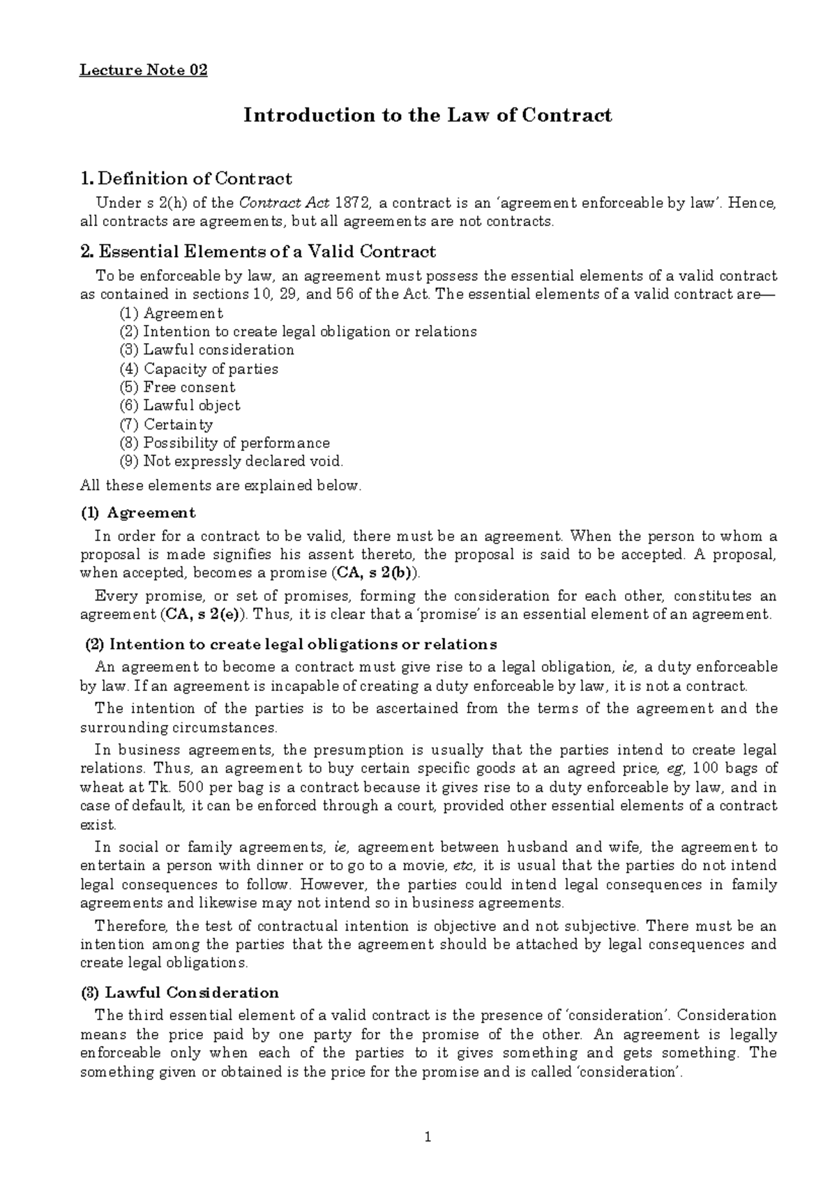 Lecture Note 02: Introduction to the Law of Contract - Key Concepts ...